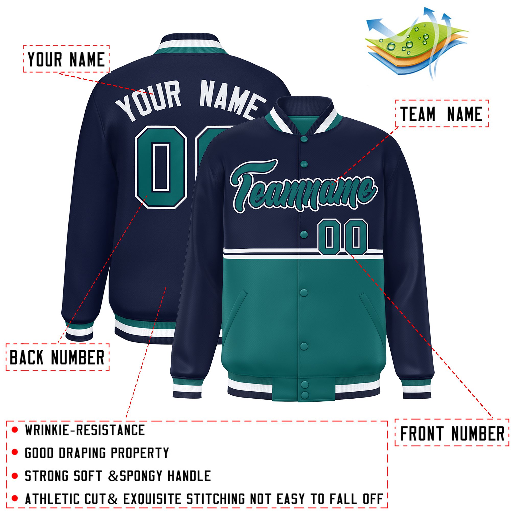 Custom Navy Aqua Varsity Full-Snap Color Block Letterman Jacket