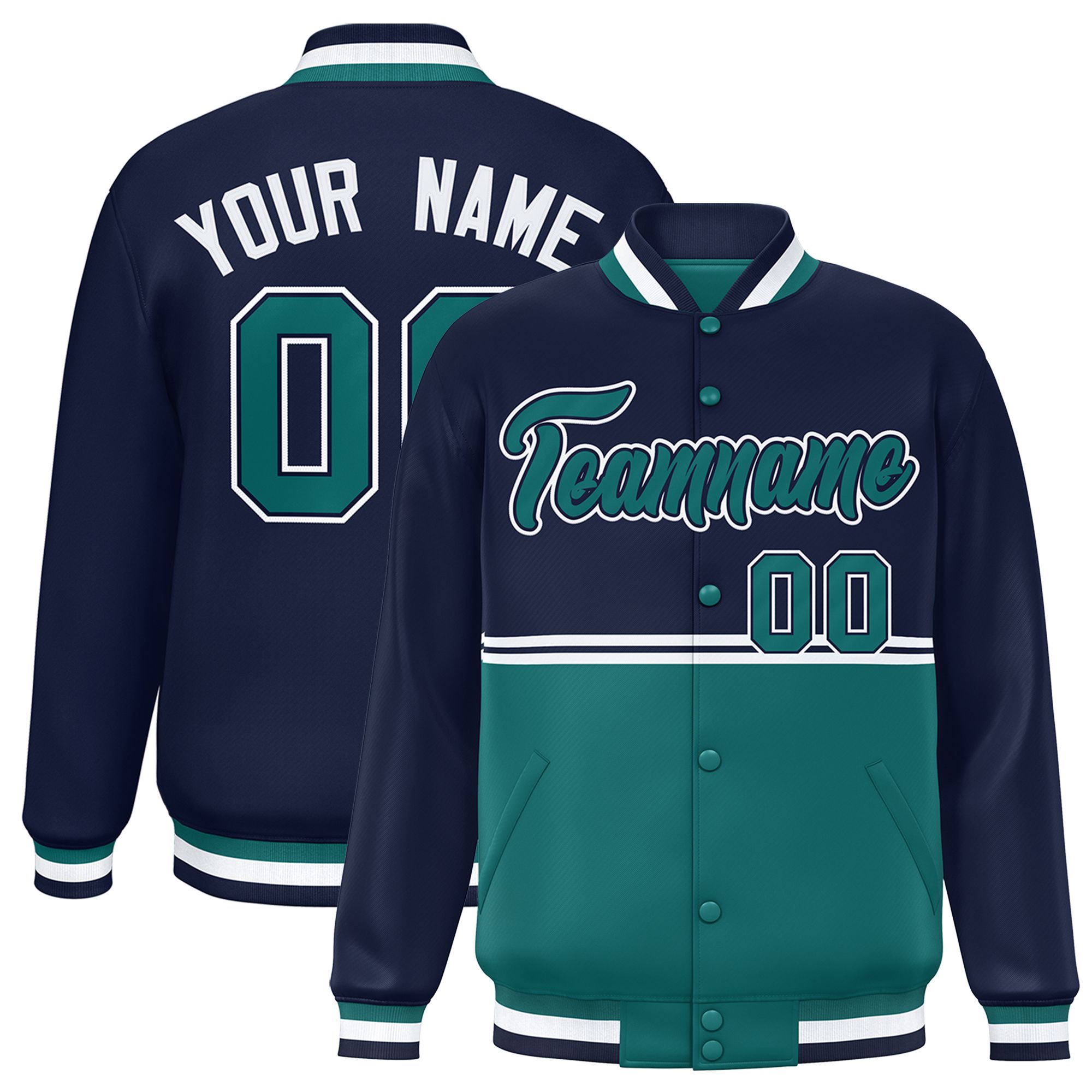 Custom Navy Aqua Varsity Full-Snap Color Block Letterman Jacket