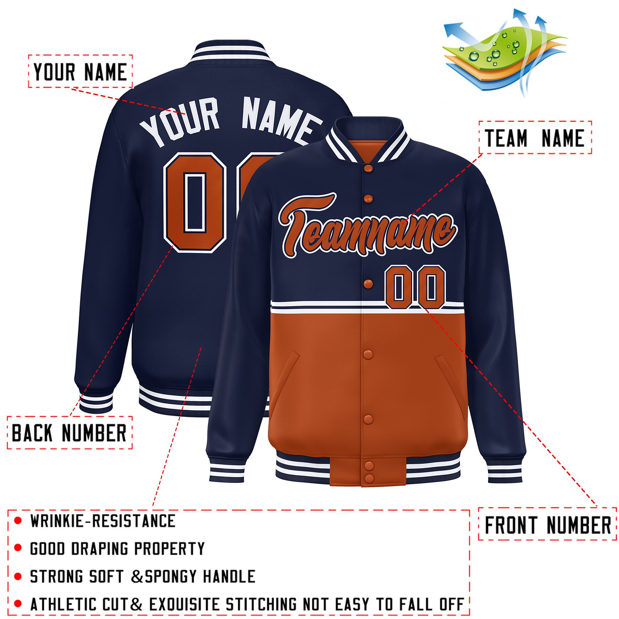 Custom Navy Texas Orange Varsity Full-Snap Color Block Letterman Jacket