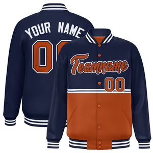 Custom Navy Texas Orange Varsity Full-Snap Color Block Letterman Jacket