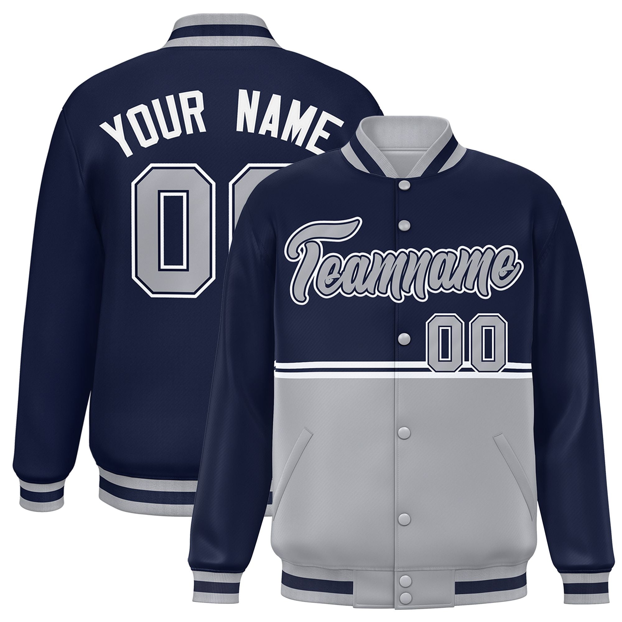 Custom Navy Gray Varsity Full-Snap Color Block Letterman Jacket