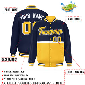 Custom Navy Gold Varsity Full-Snap Color Block Letterman Jacket