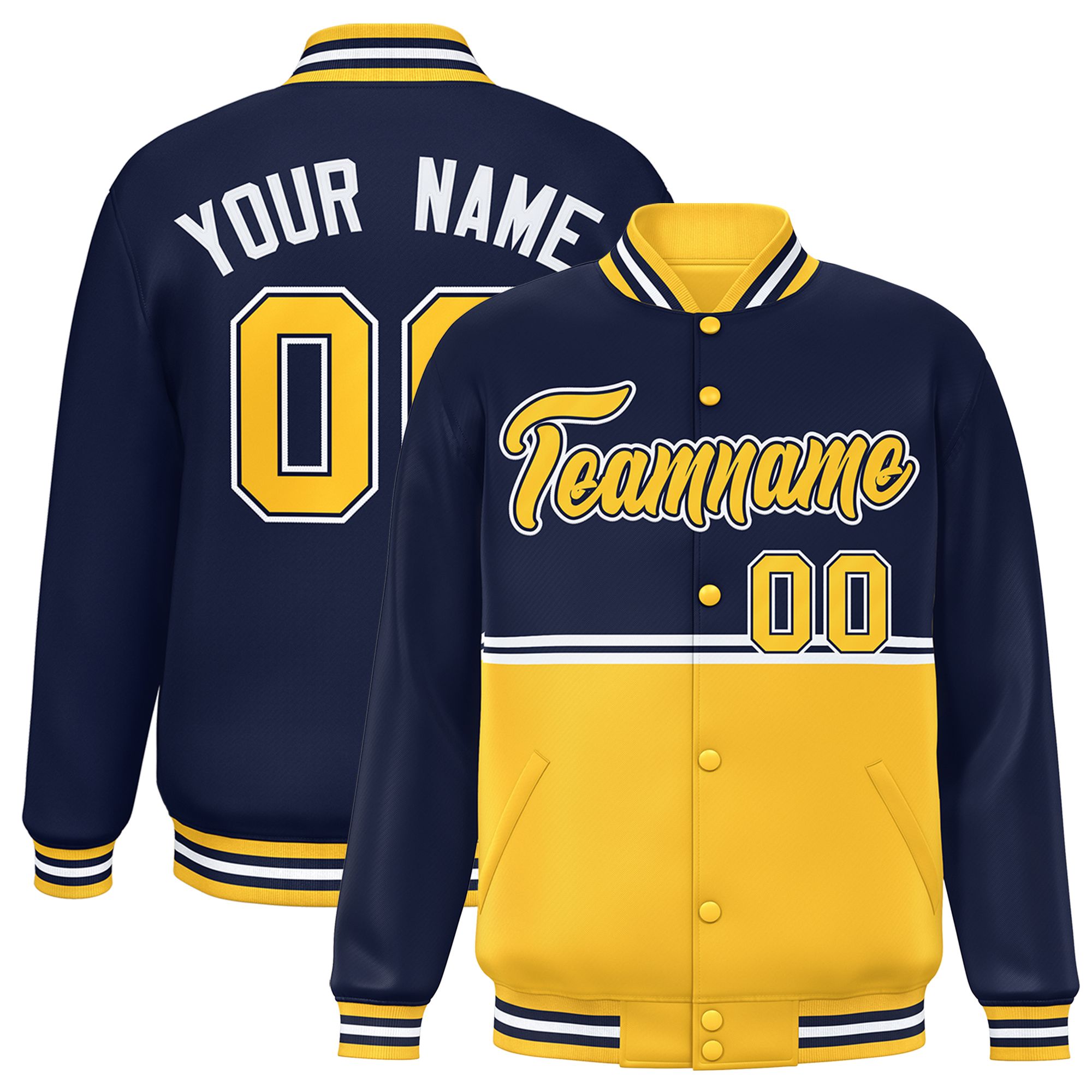 Custom Navy Gold Varsity Full-Snap Color Block Letterman Jacket