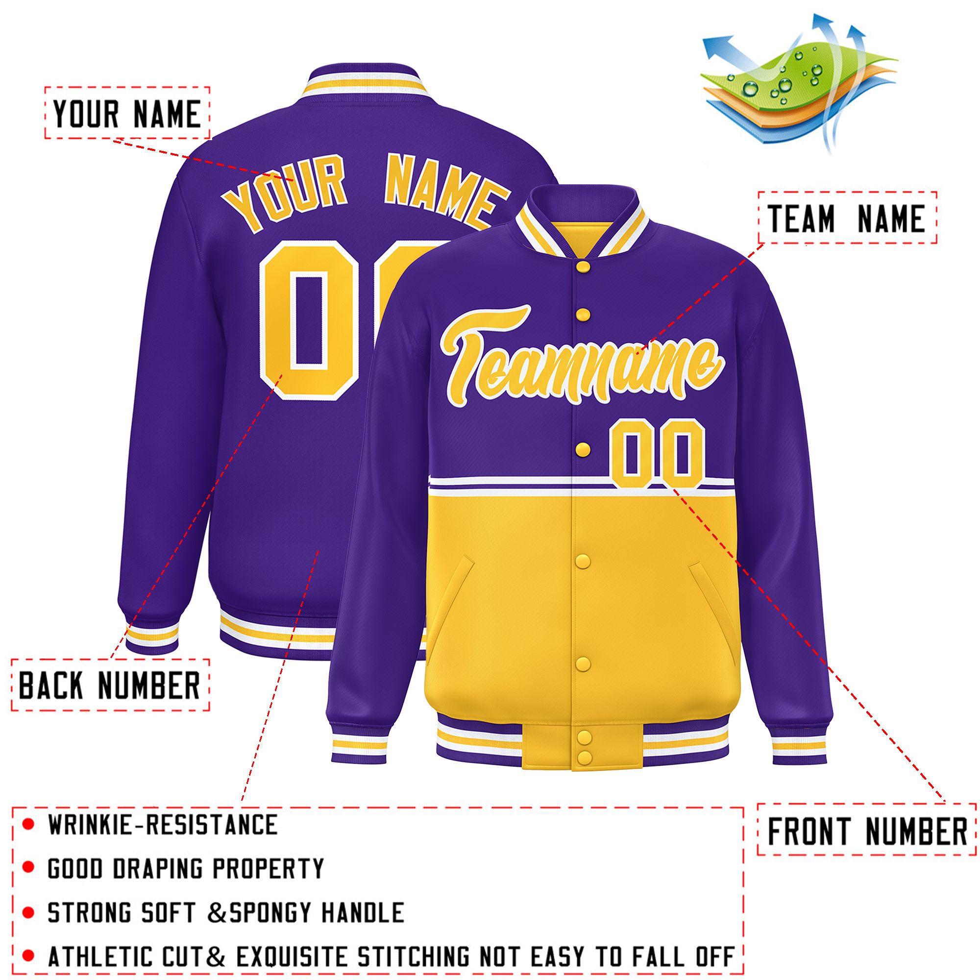 Custom Purple Gold Varsity Full-Snap Color Block Letterman Jacket