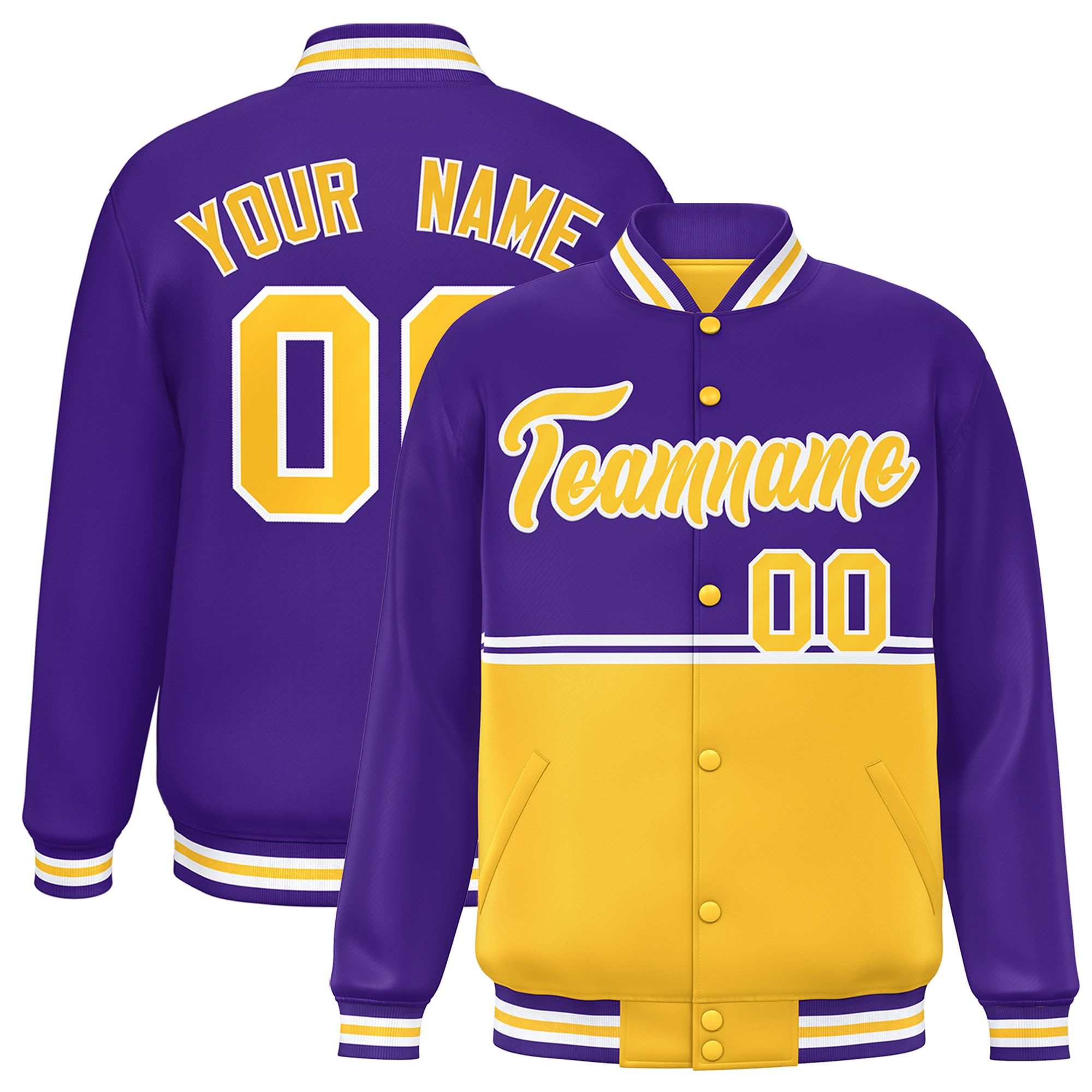 Custom Purple Gold Varsity Full-Snap Color Block Letterman Jacket