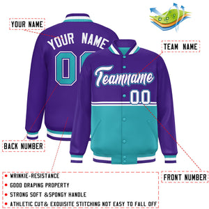 Custom Purple Aqua Varsity Full-Snap Color Block Letterman Jacket