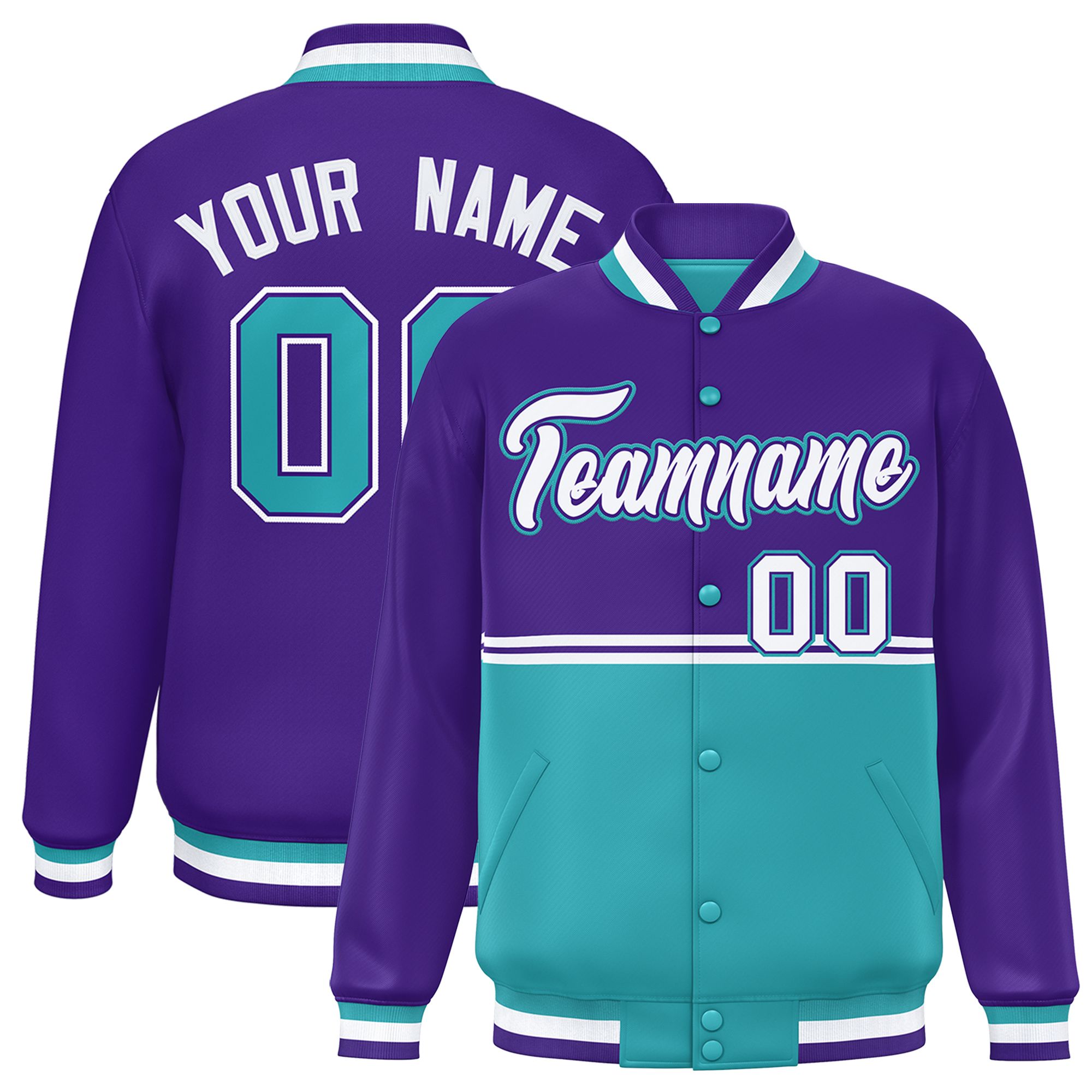 Custom Purple Aqua Varsity Full-Snap Color Block Letterman Jacket