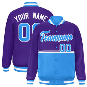 Custom Purple Powder Blue Varsity Full-Snap Color Block Letterman Jacket