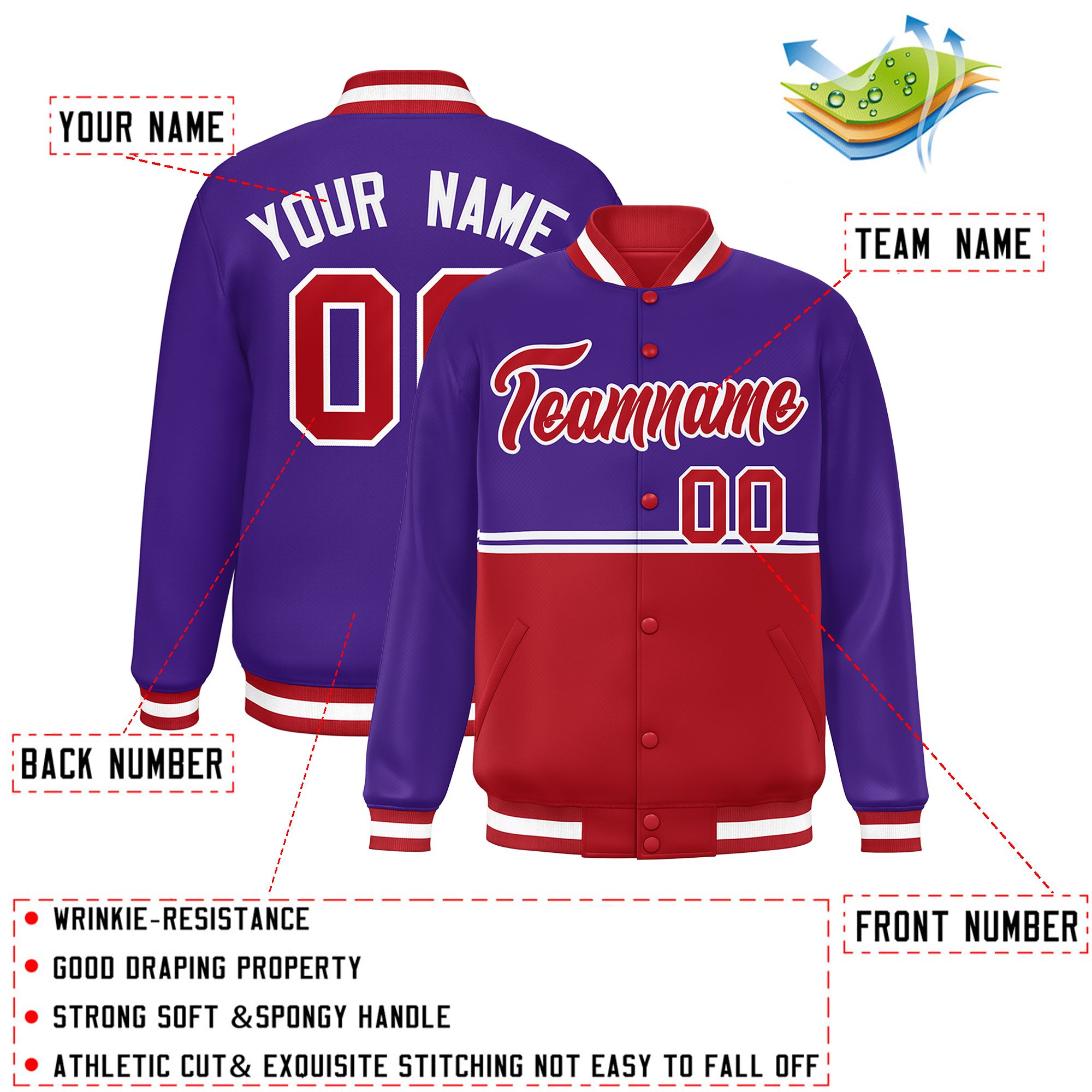 Custom Purple Red Varsity Full-Snap Color Block Letterman Jacket