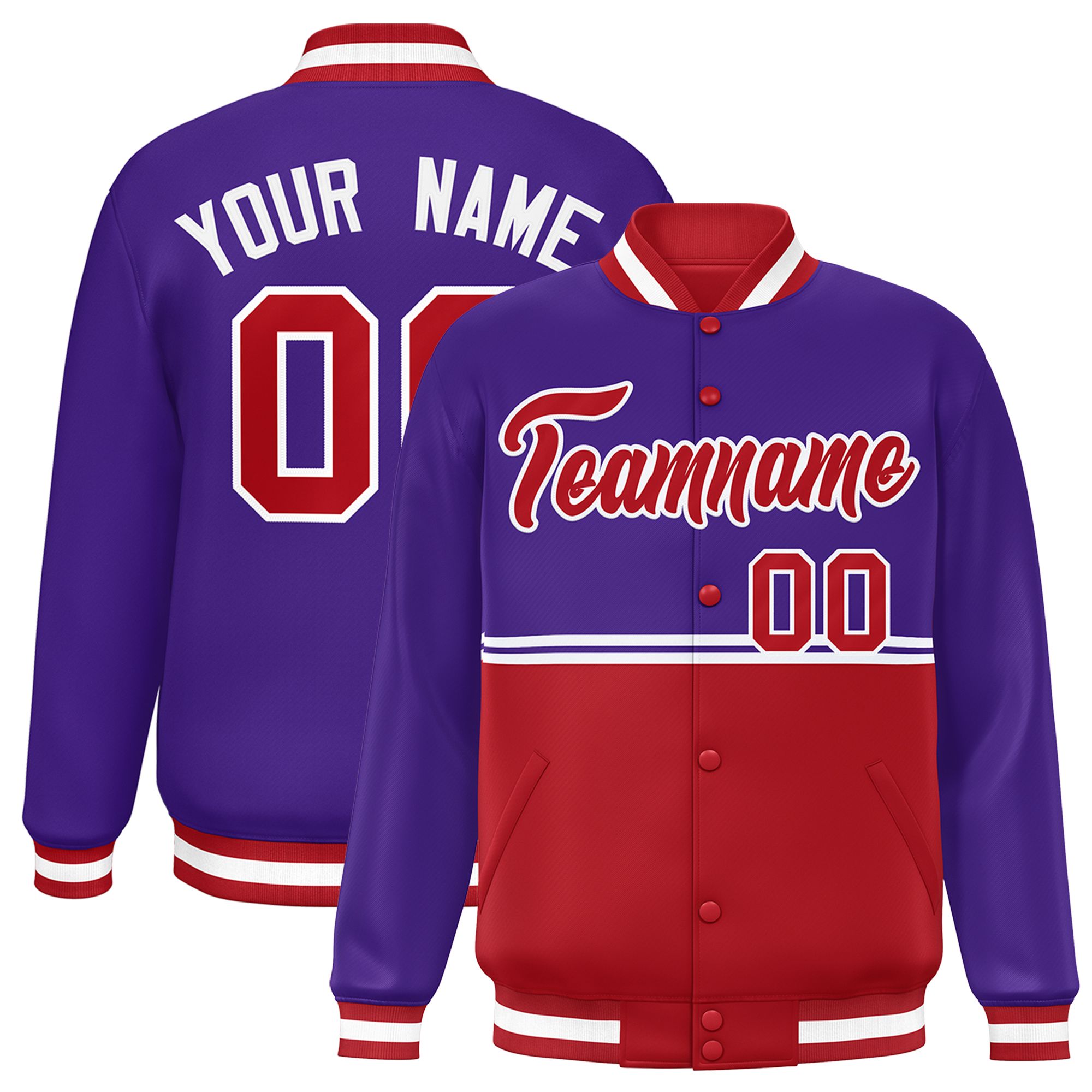 Custom Purple Red Varsity Full-Snap Color Block Letterman Jacket