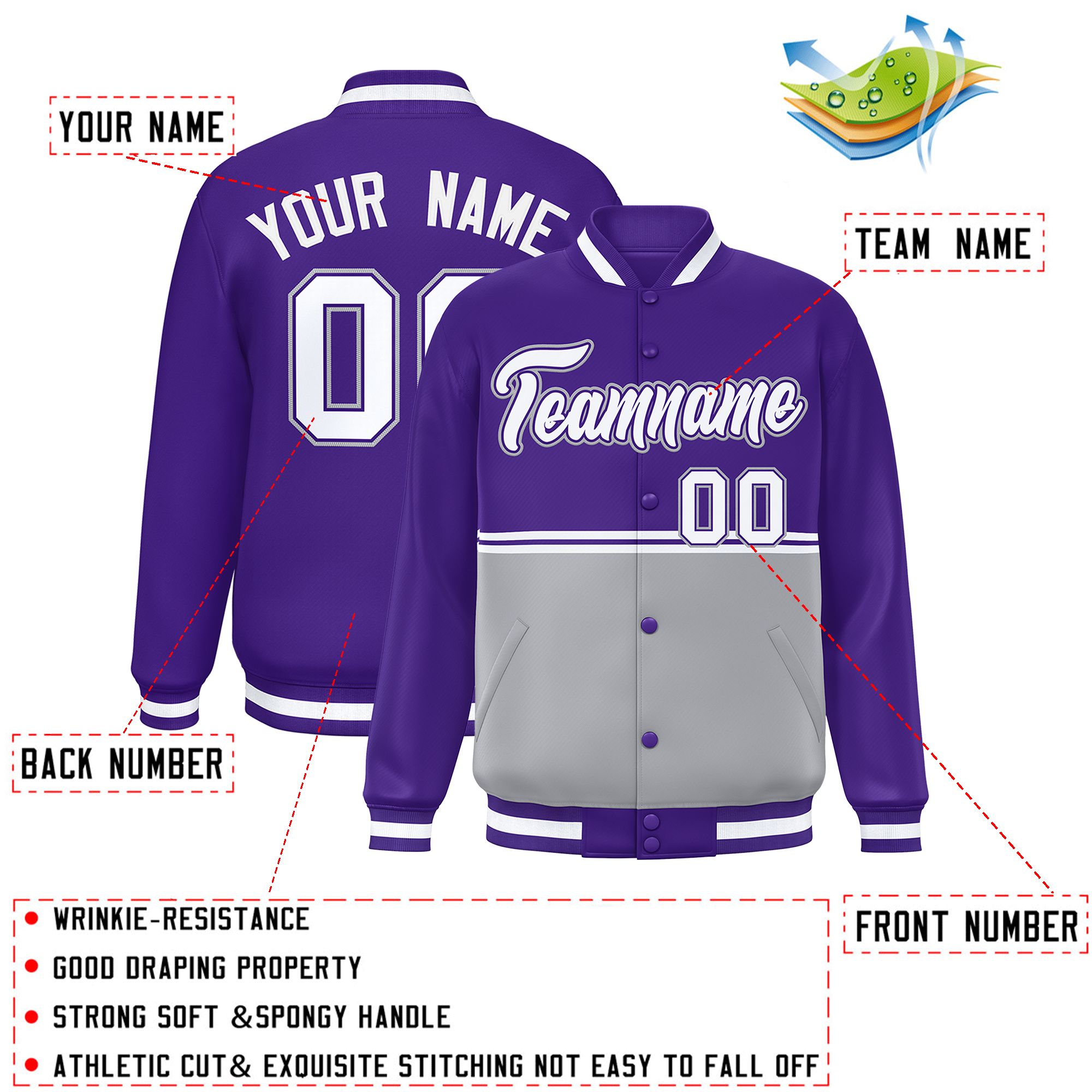 Custom Purple Gray Varsity Full-Snap Color Block Letterman Jacket