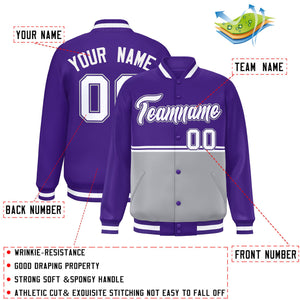 Custom Purple Gray Varsity Full-Snap Color Block Letterman Jacket