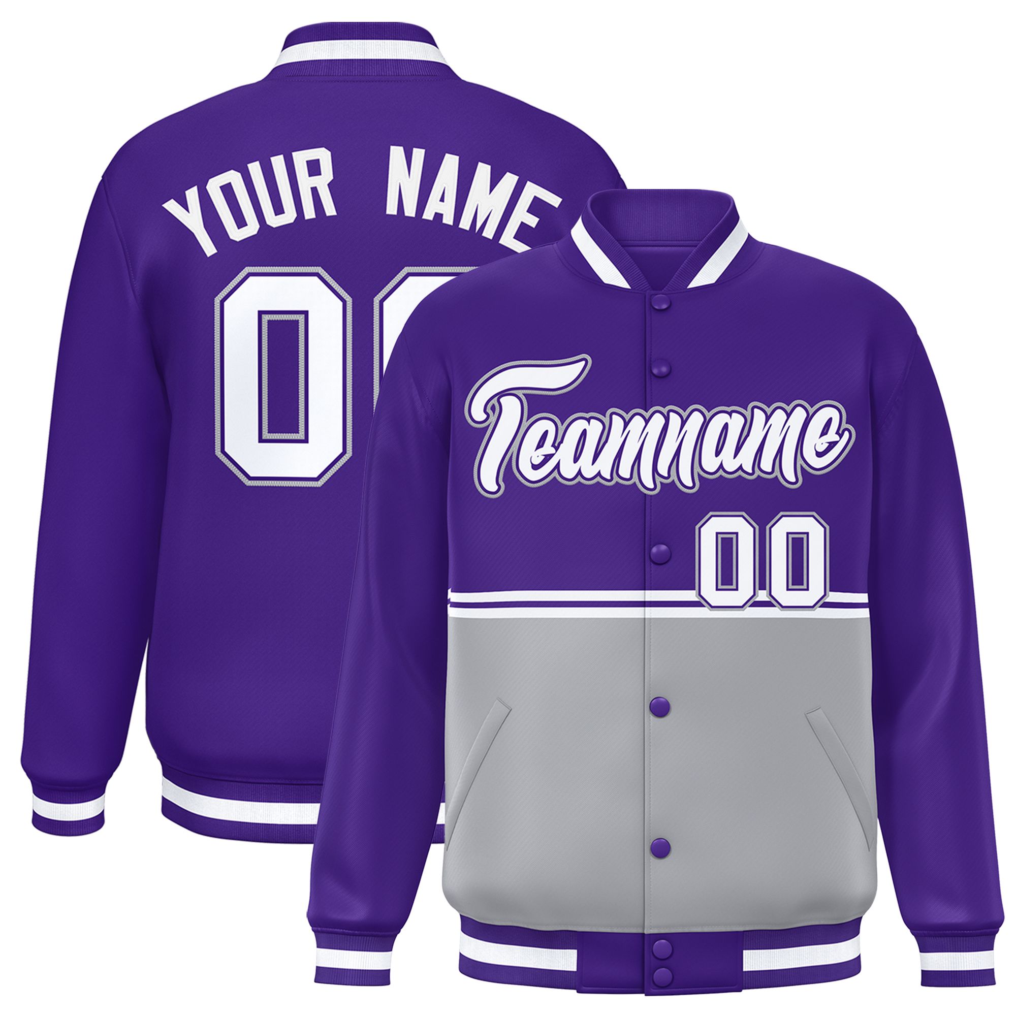 Custom Purple Gray Varsity Full-Snap Color Block Letterman Jacket