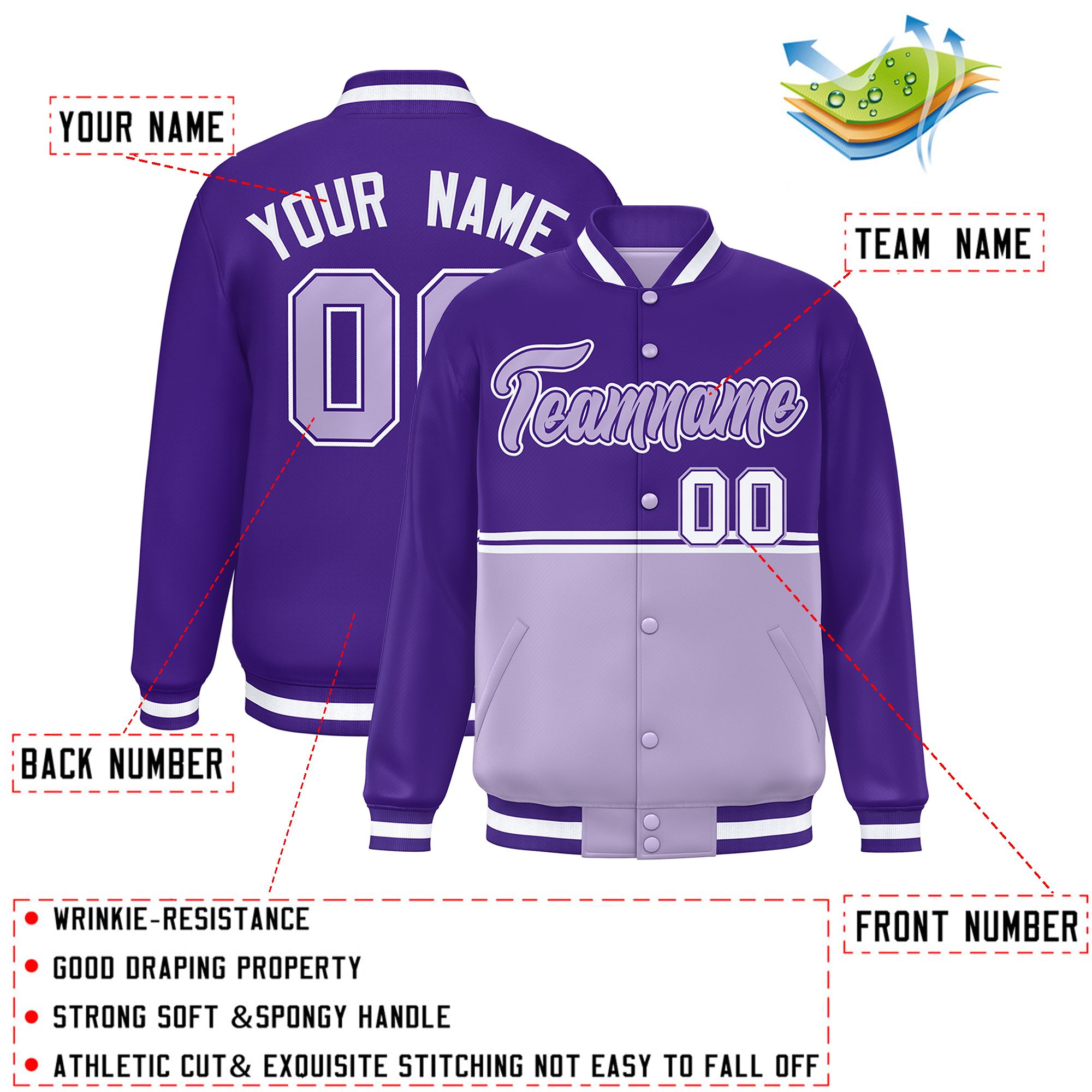 Custom Purple Light Purple Varsity Full-Snap Color Block Letterman Jacket