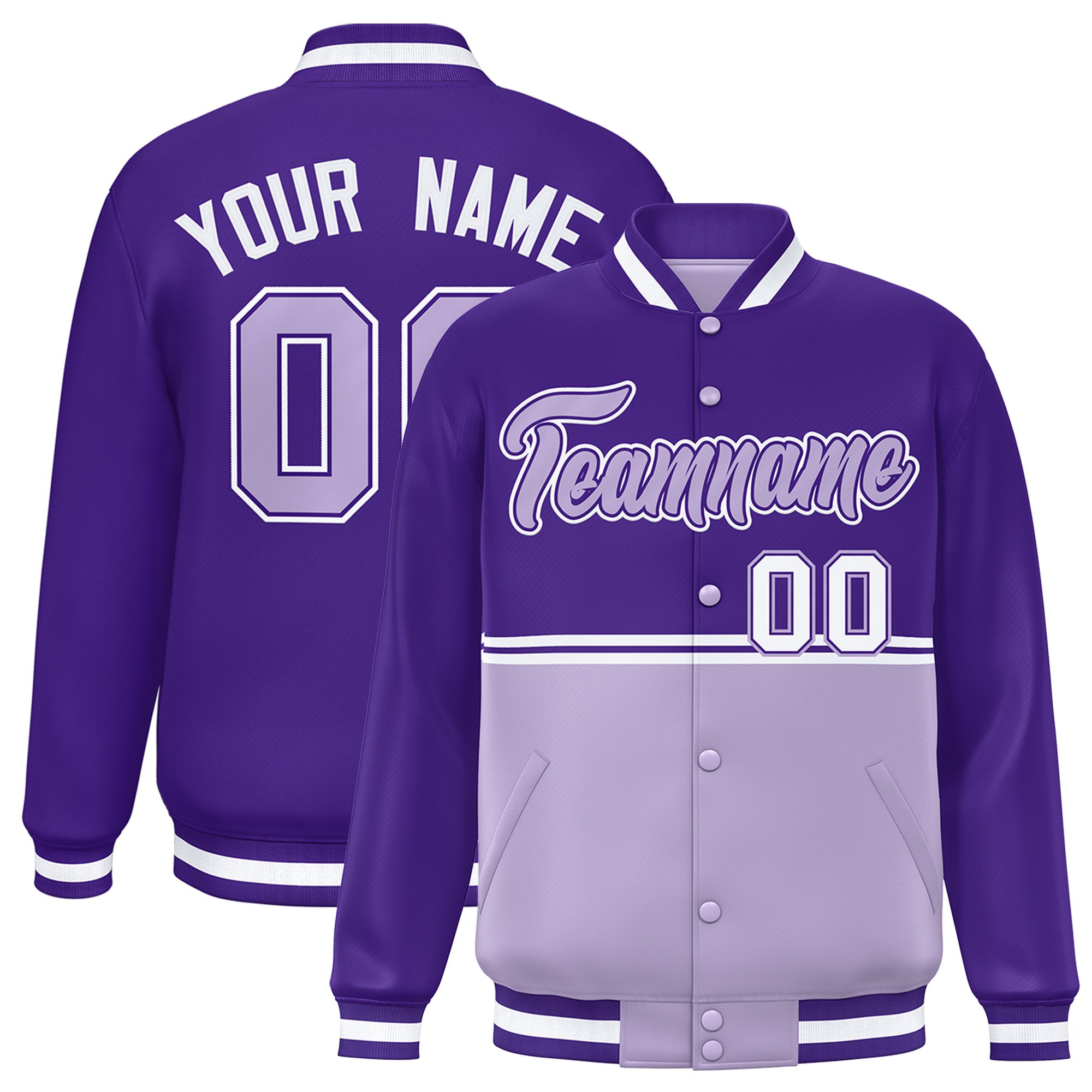 Custom Purple Light Purple Varsity Full-Snap Color Block Letterman Jacket