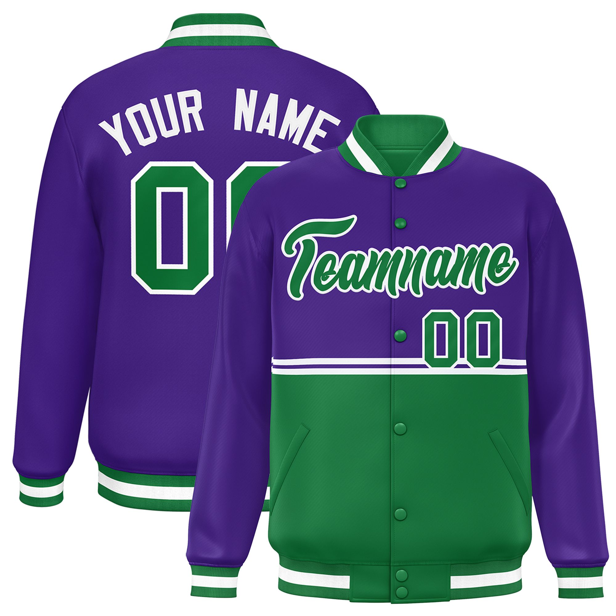 Custom Purple Kelly Green Varsity Full-Snap Color Block Letterman Jacket