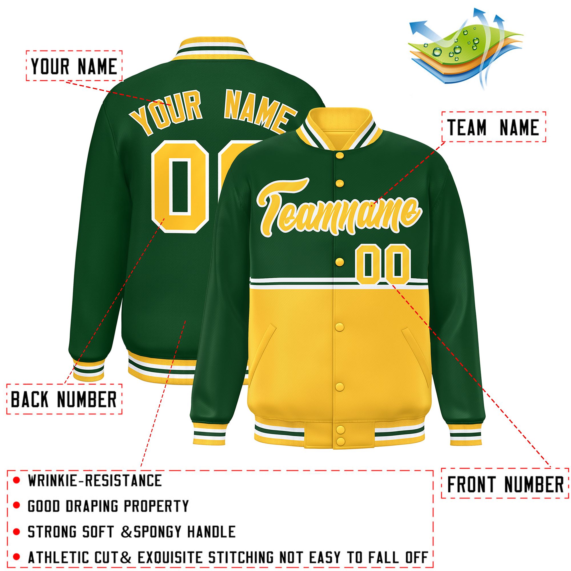 Custom Green Gold Varsity Full-Snap Color Block Letterman Jacket