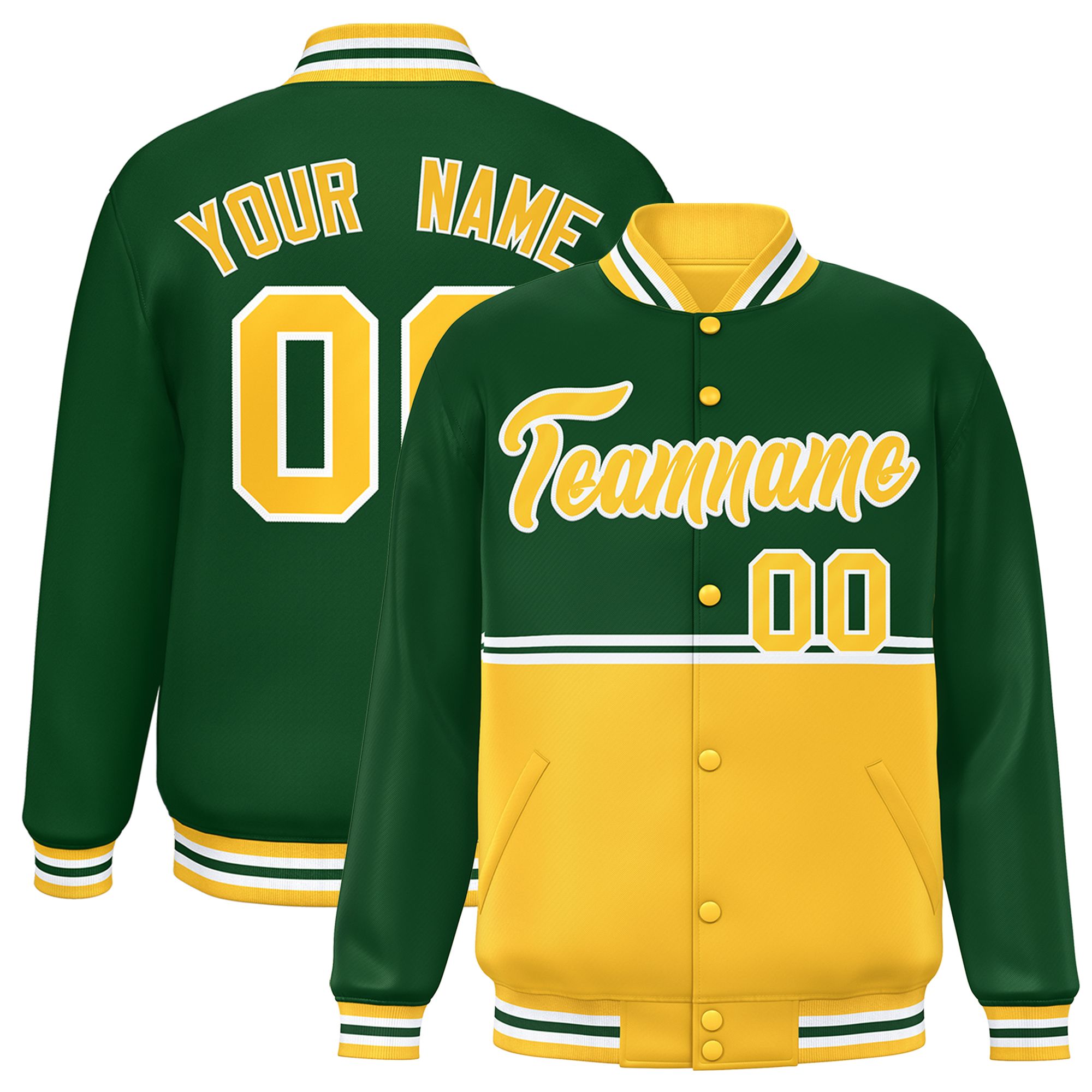 Custom Green Gold Varsity Full-Snap Color Block Letterman Jacket