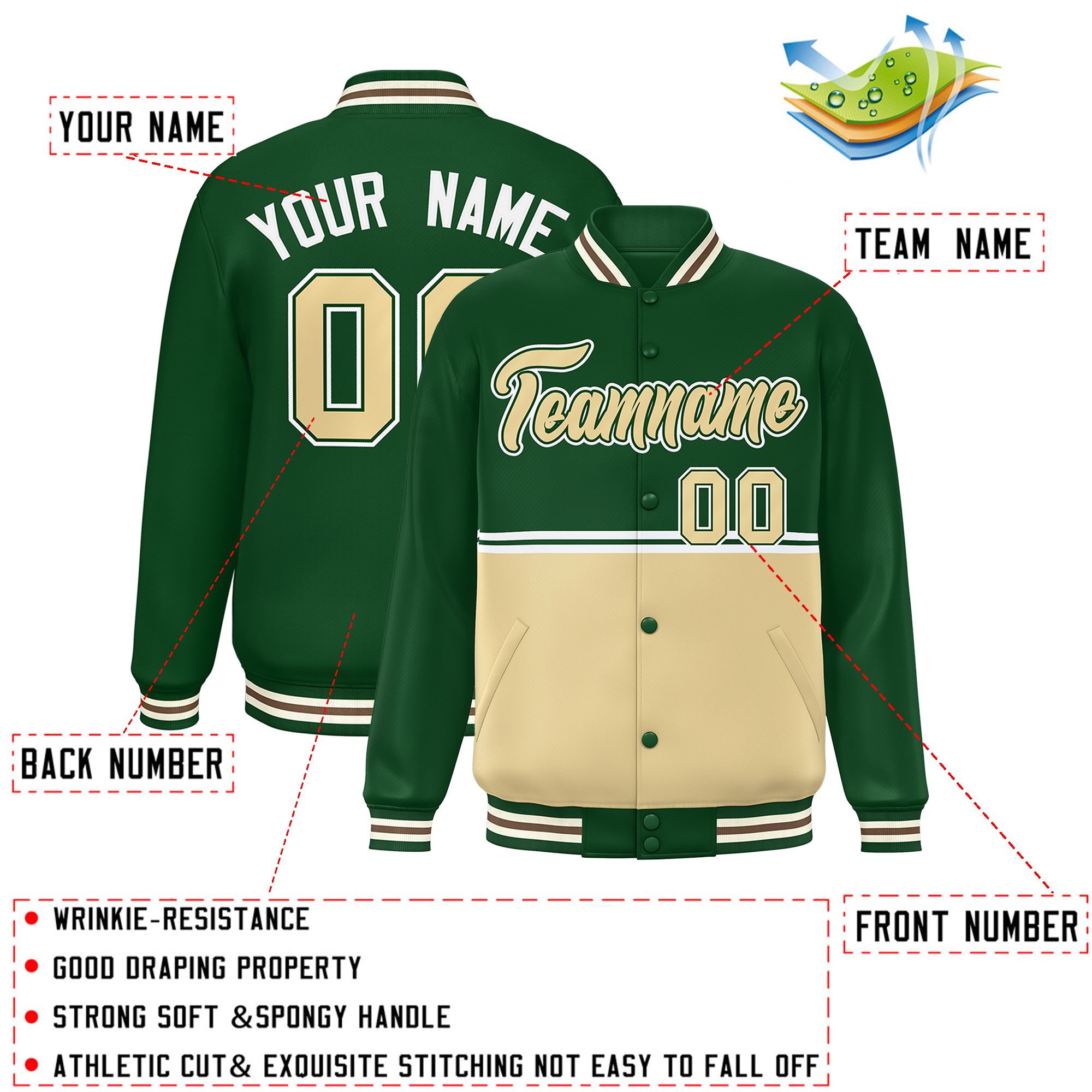 Custom Green Khaki Varsity Full-Snap Color Block Letterman Jacket