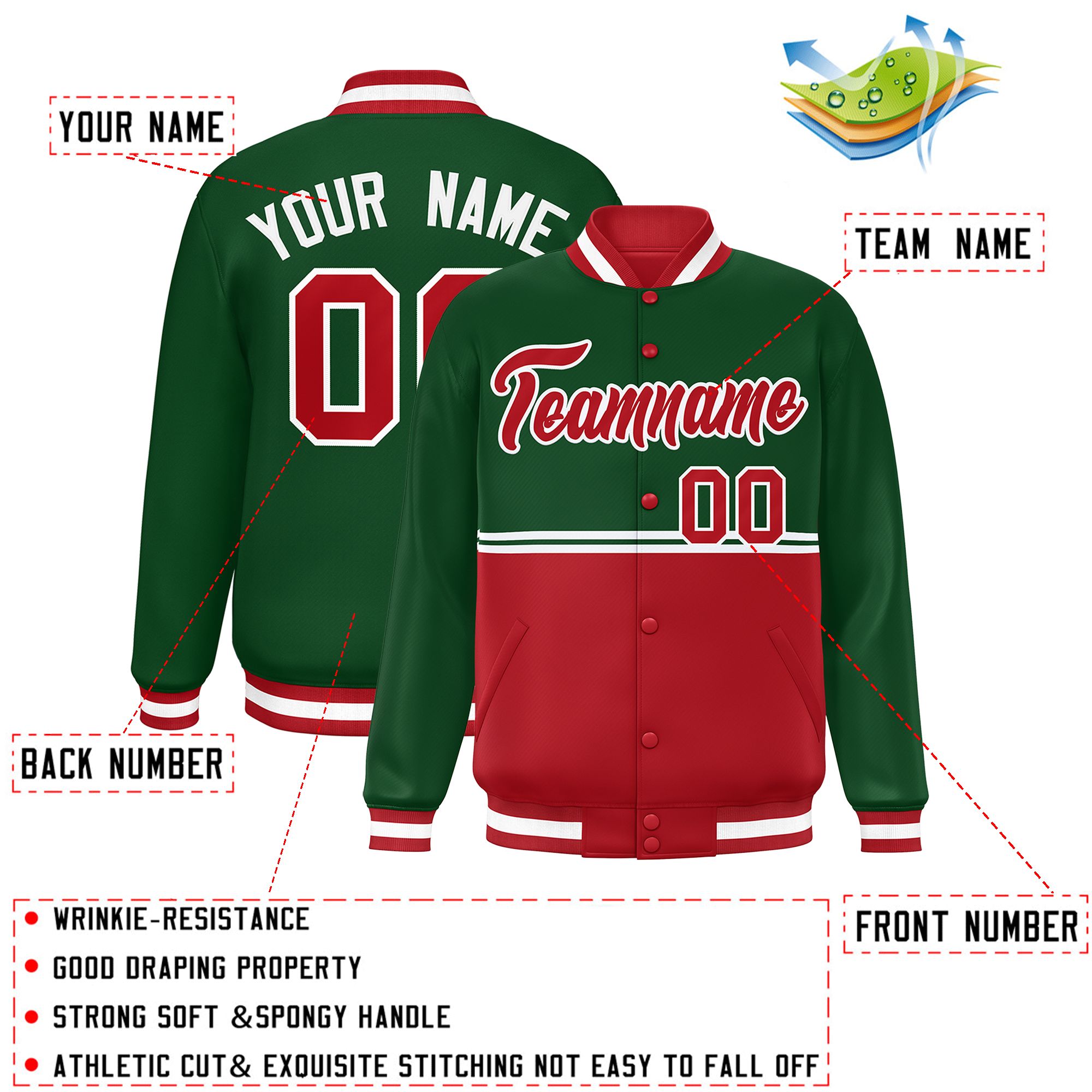 Custom Green Red Varsity Full-Snap Color Block Letterman Jacket