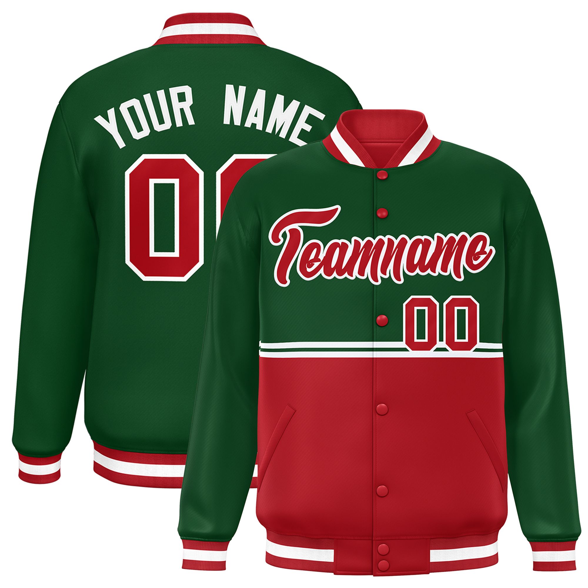 Custom Green Red Varsity Full-Snap Color Block Letterman Jacket