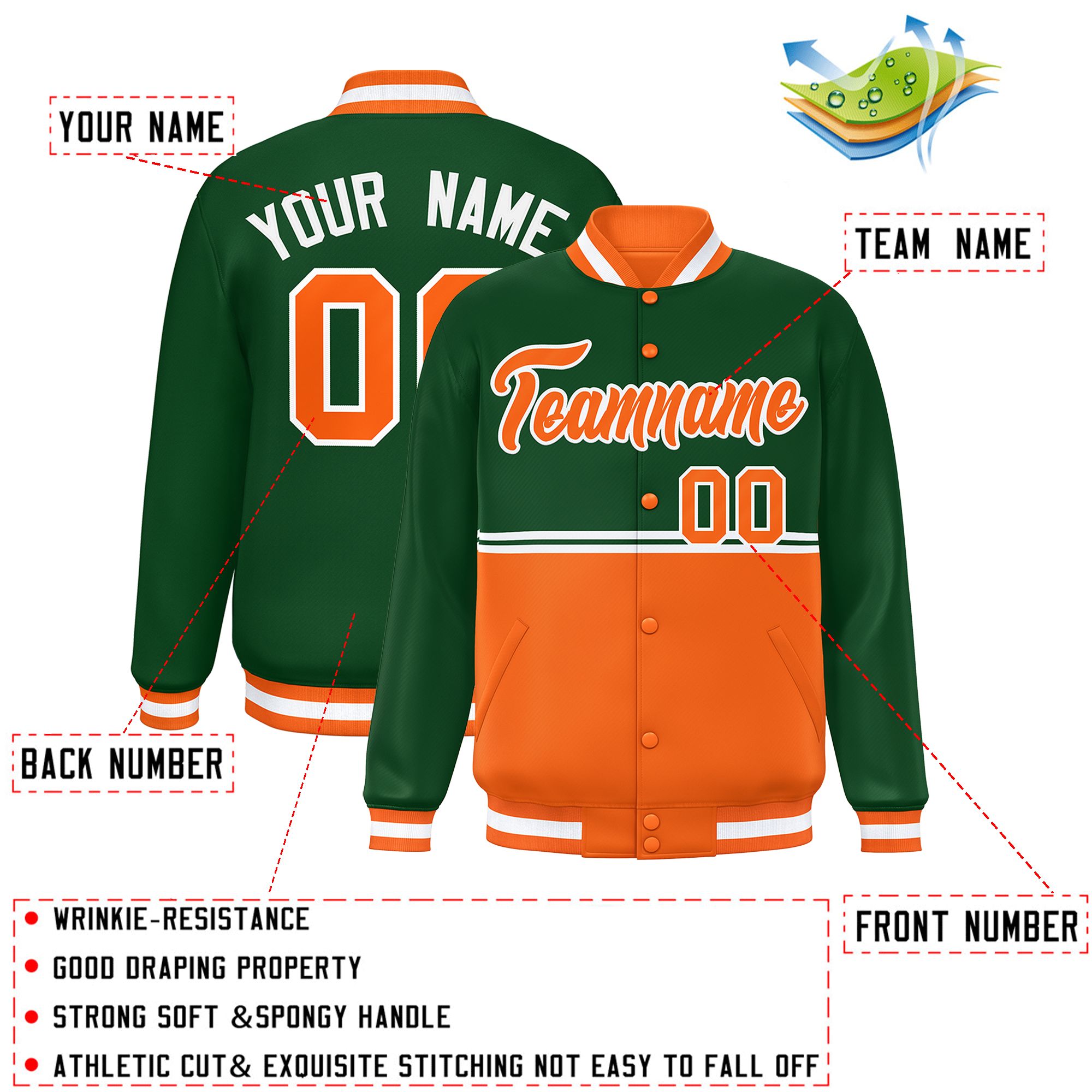 Custom Green Orange Varsity Full-Snap Color Block Letterman Jacket