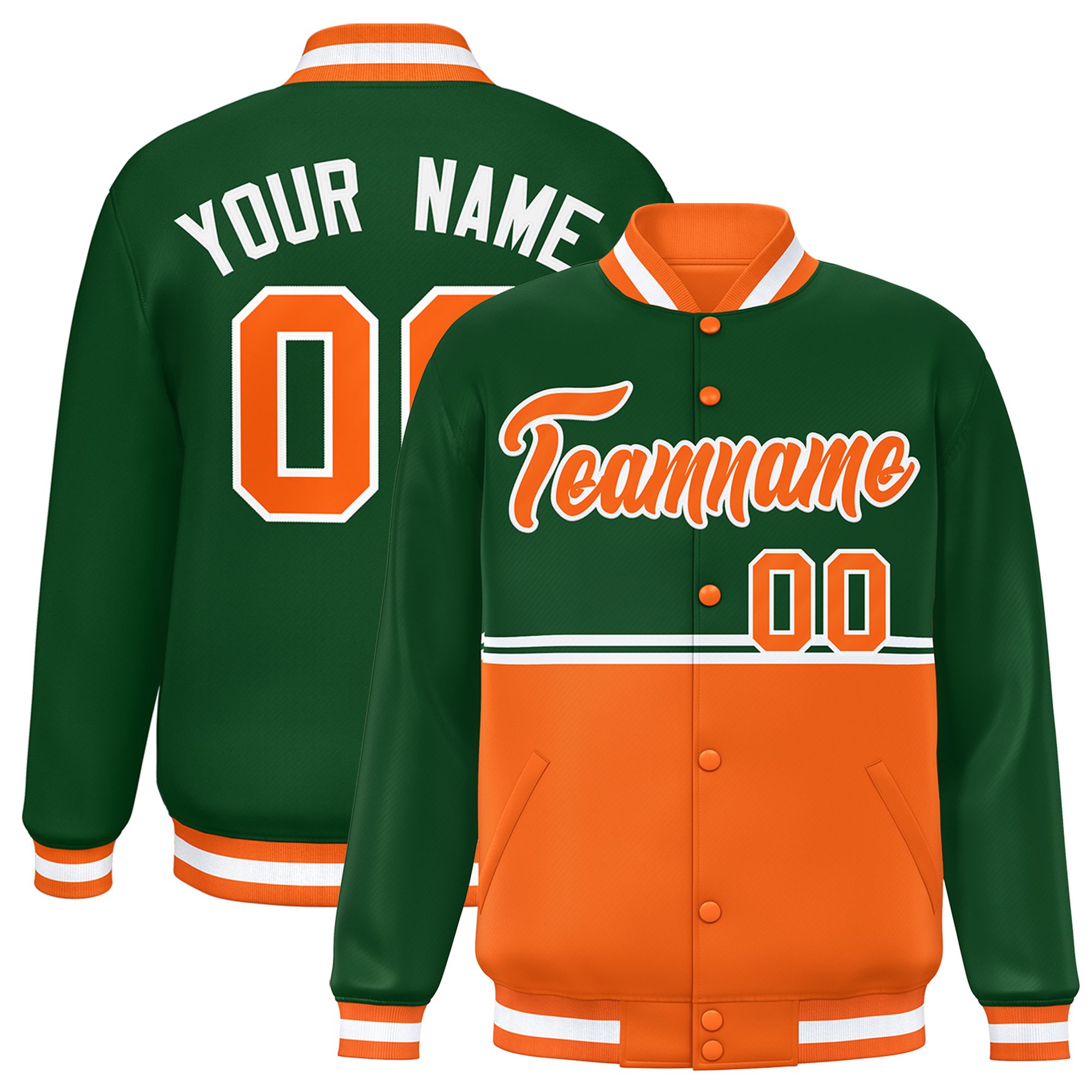 Custom Green Orange Varsity Full-Snap Color Block Letterman Jacket