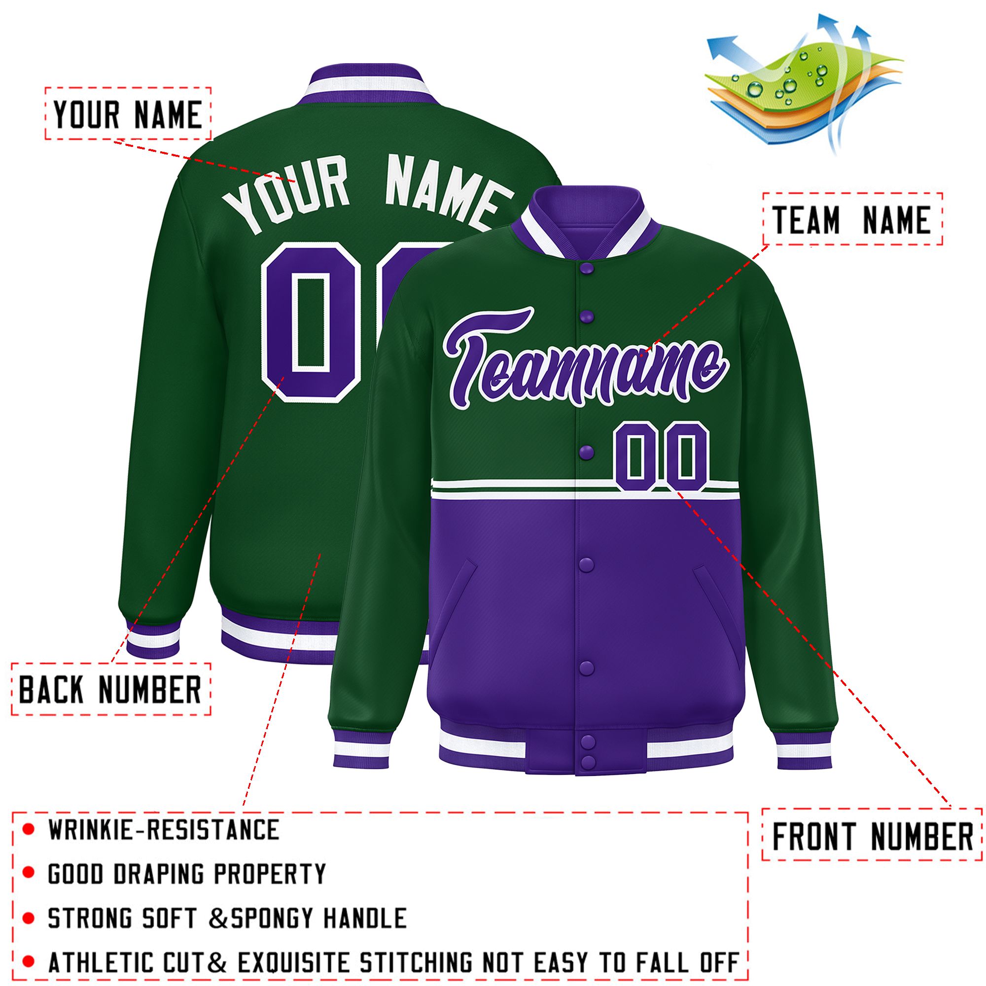 Custom Green Purple Varsity Full-Snap Color Block Letterman Jacket