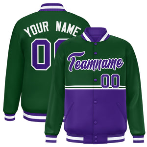 Custom Green Purple Varsity Full-Snap Color Block Letterman Jacket