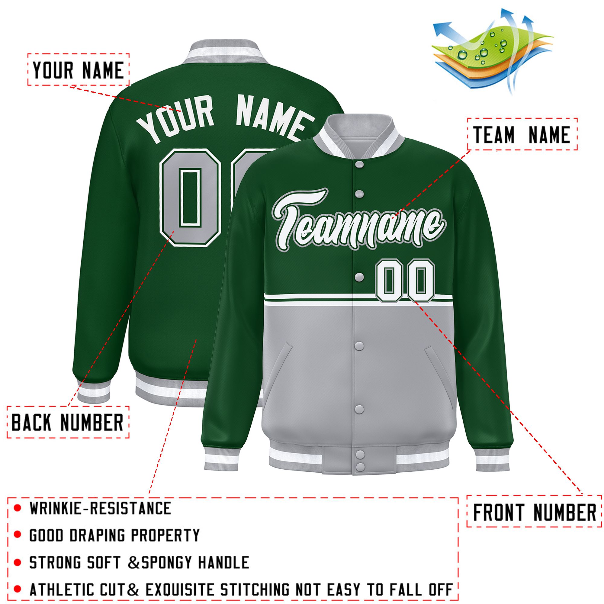 Custom Green Gray Varsity Full-Snap Color Block Letterman Jacket