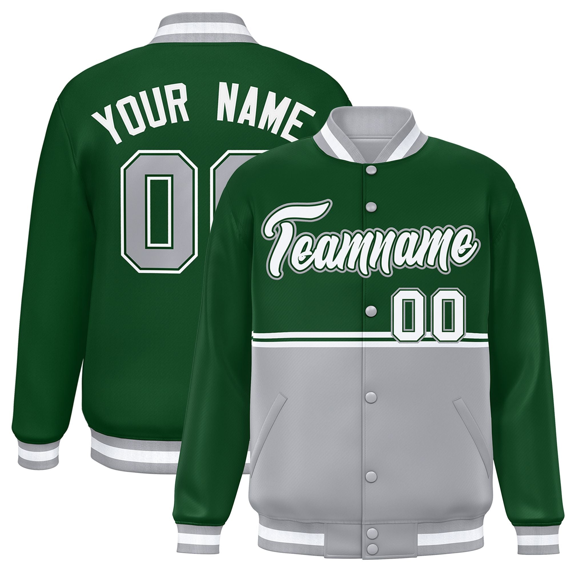 Custom Green Gray Varsity Full-Snap Color Block Letterman Jacket