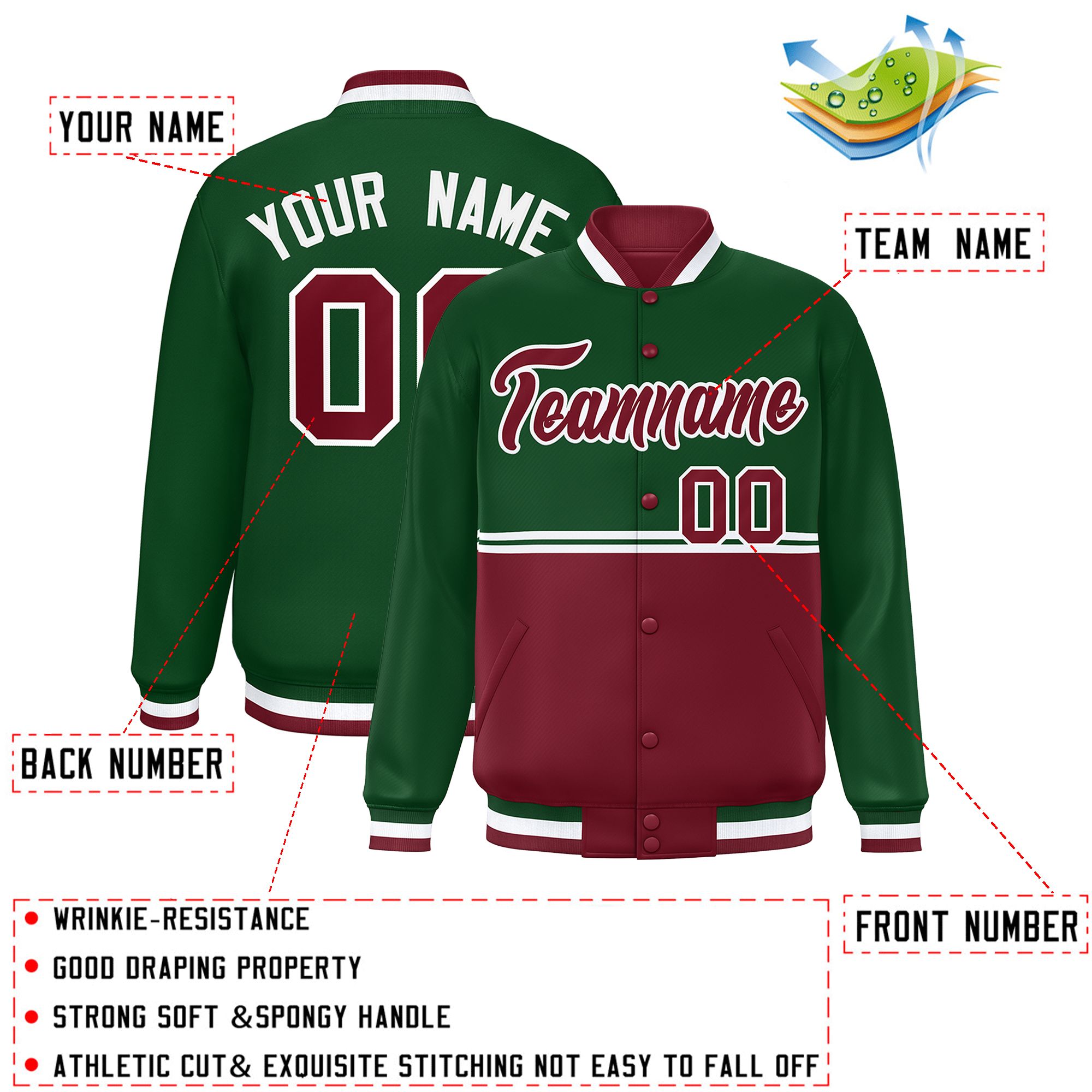 Custom Green Crimson Varsity Full-Snap Color Block Letterman Jacket