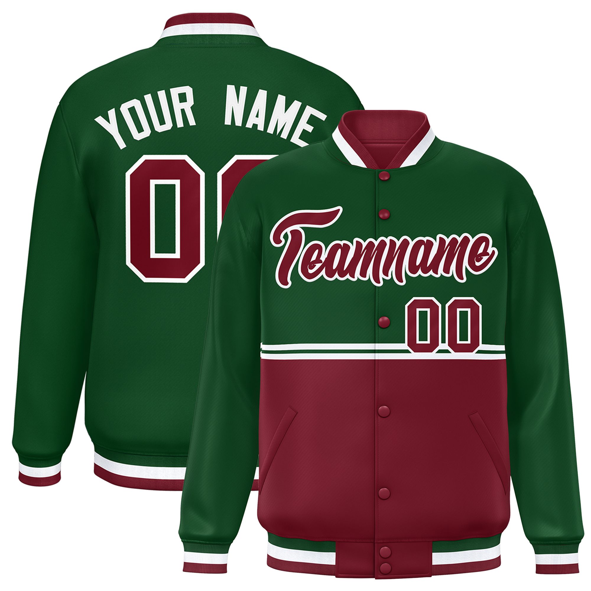 Custom Green Crimson Varsity Full-Snap Color Block Letterman Jacket