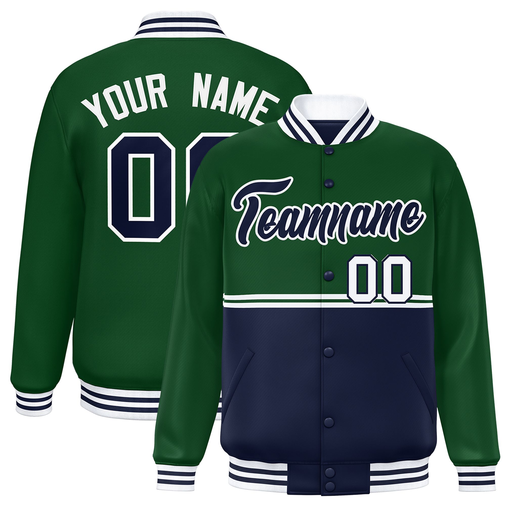 Custom Green Navy Varsity Full-Snap Color Block Letterman Jacket