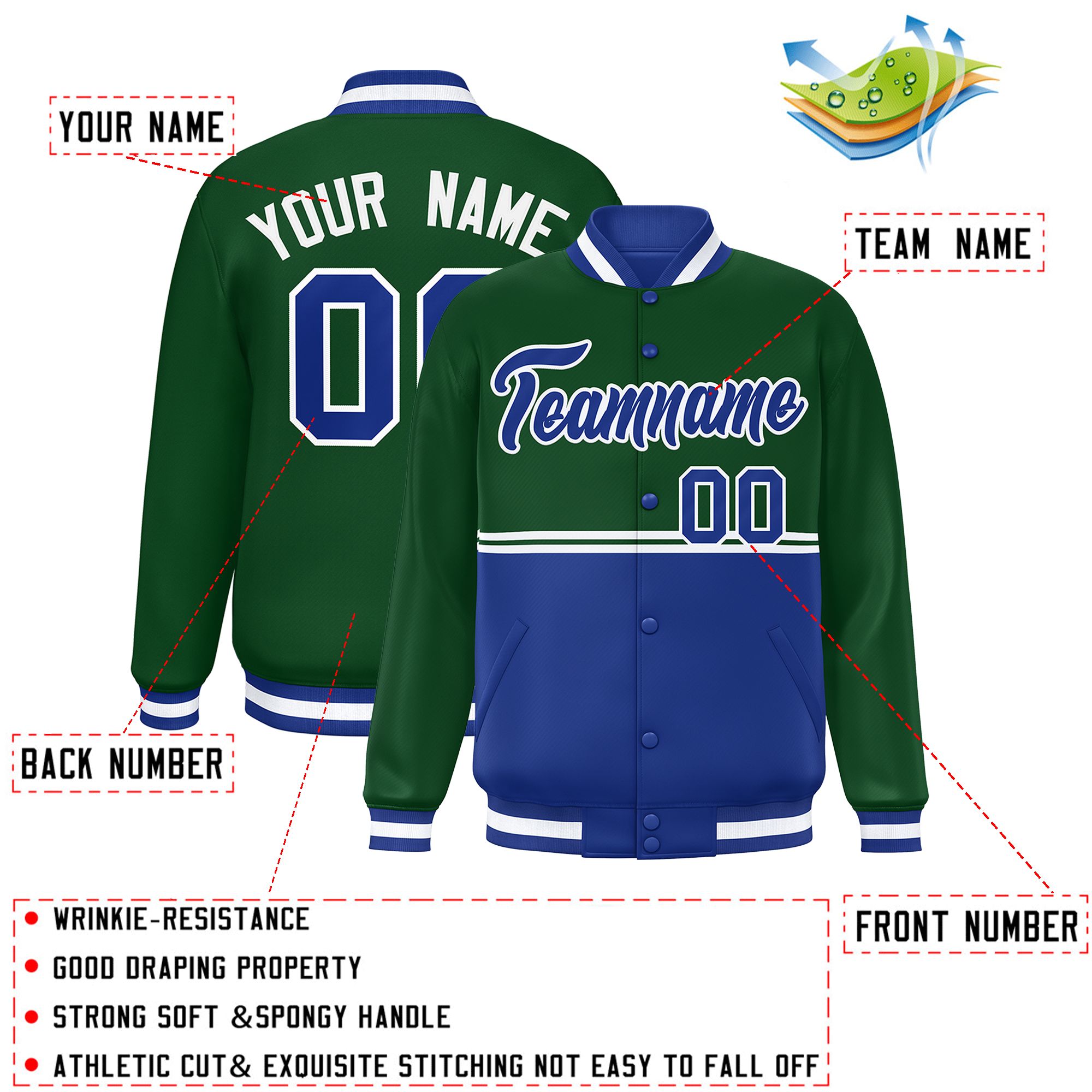 Custom Green Royal Varsity Full-Snap Color Block Letterman Jacket