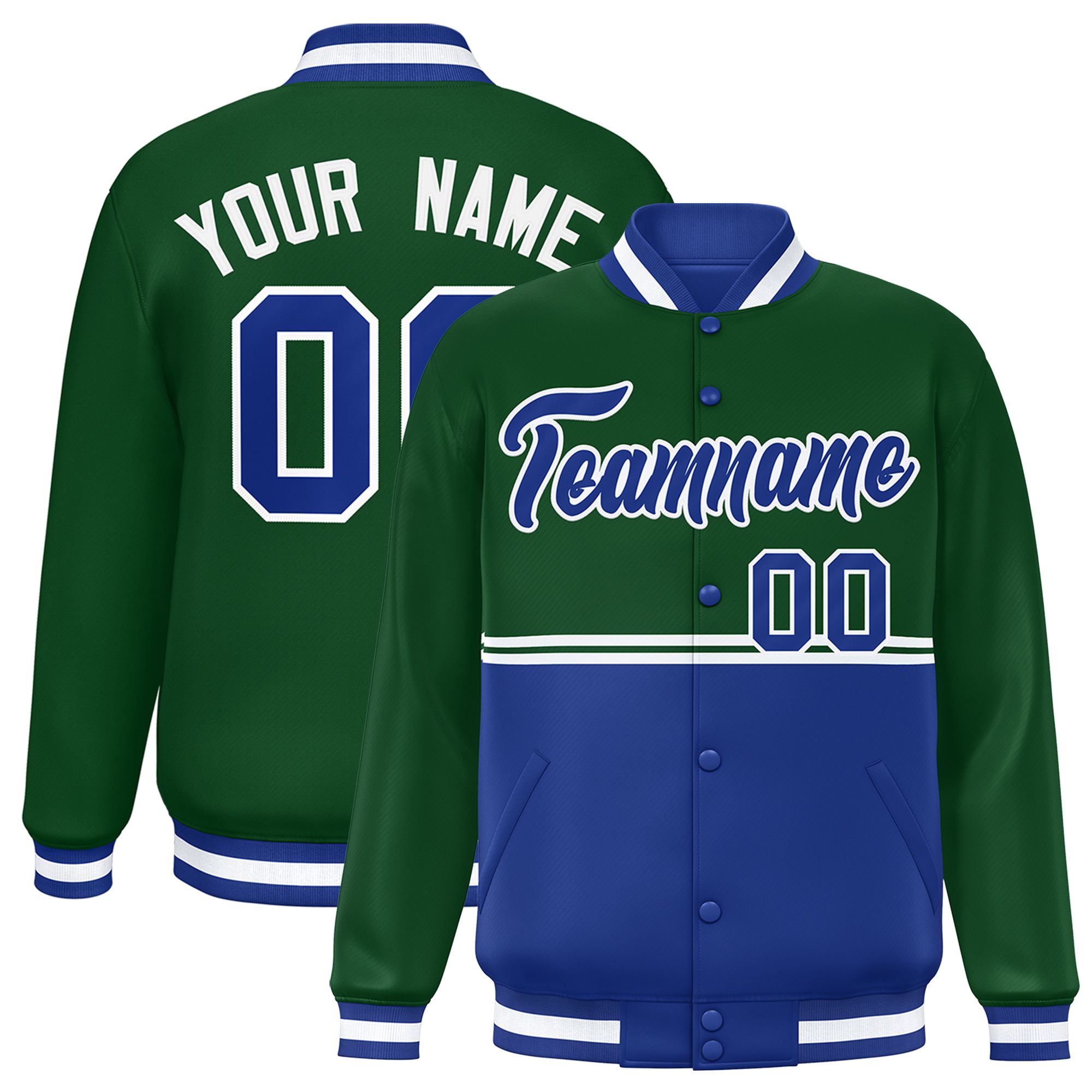 Custom Green Royal Varsity Full-Snap Color Block Letterman Jacket