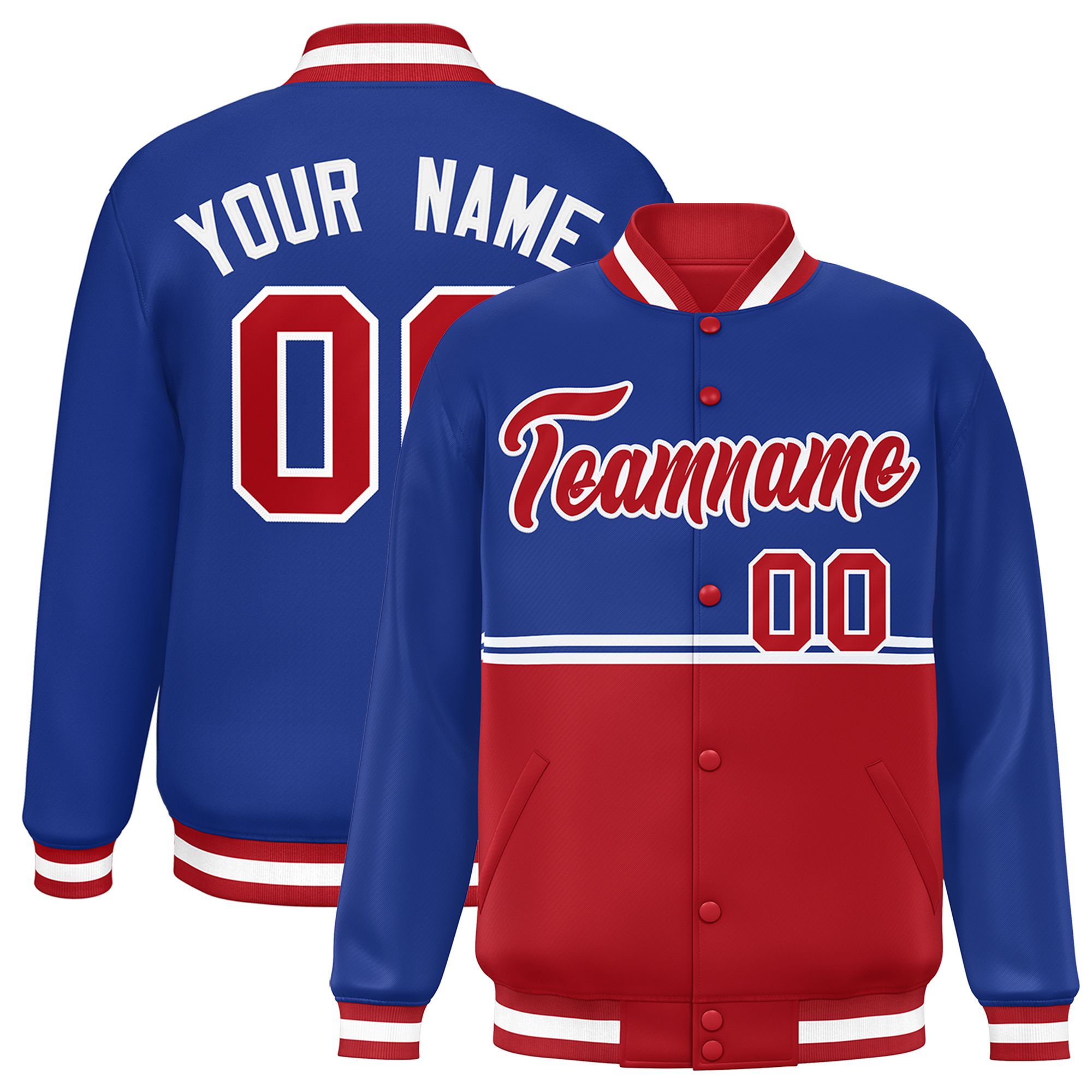 Custom Royal Red Varsity Full-Snap Color Block Letterman Jacket