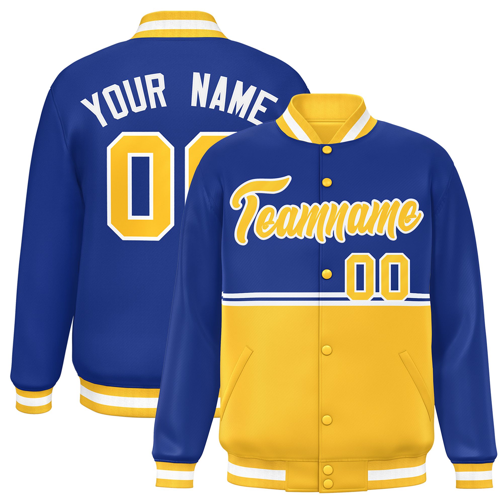 Custom Royal Gold Varsity Full-Snap Color Block Letterman Jacket