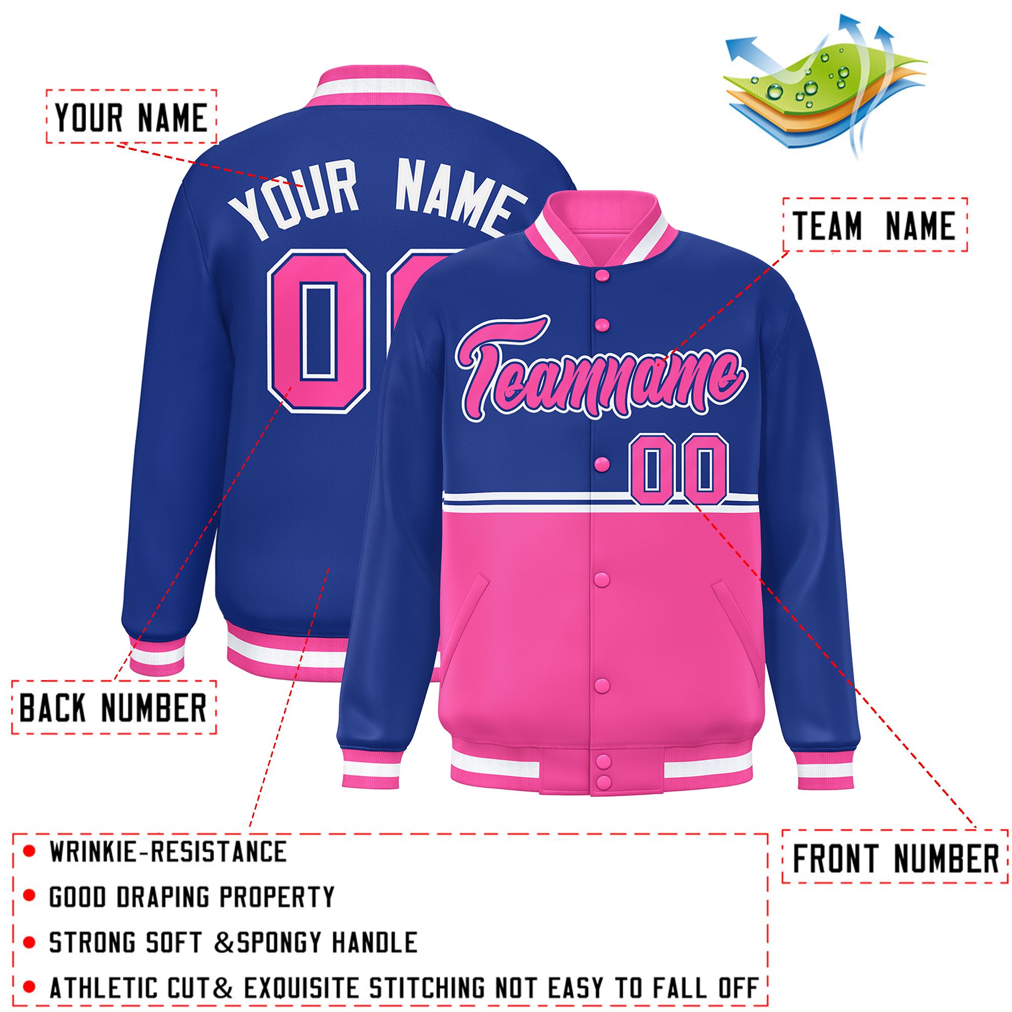 Custom Royal Pink Varsity Full-Snap Color Block Letterman Jacket