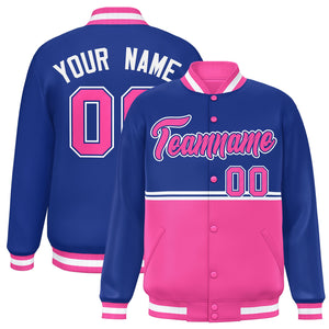 Custom Royal Pink Varsity Full-Snap Color Block Letterman Jacket