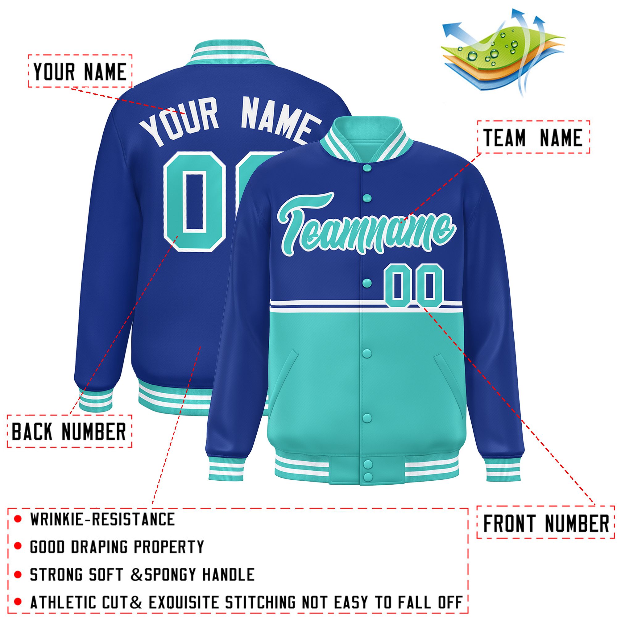 Custom Royal Bright Green Varsity Full-Snap Color Block Letterman Jacket