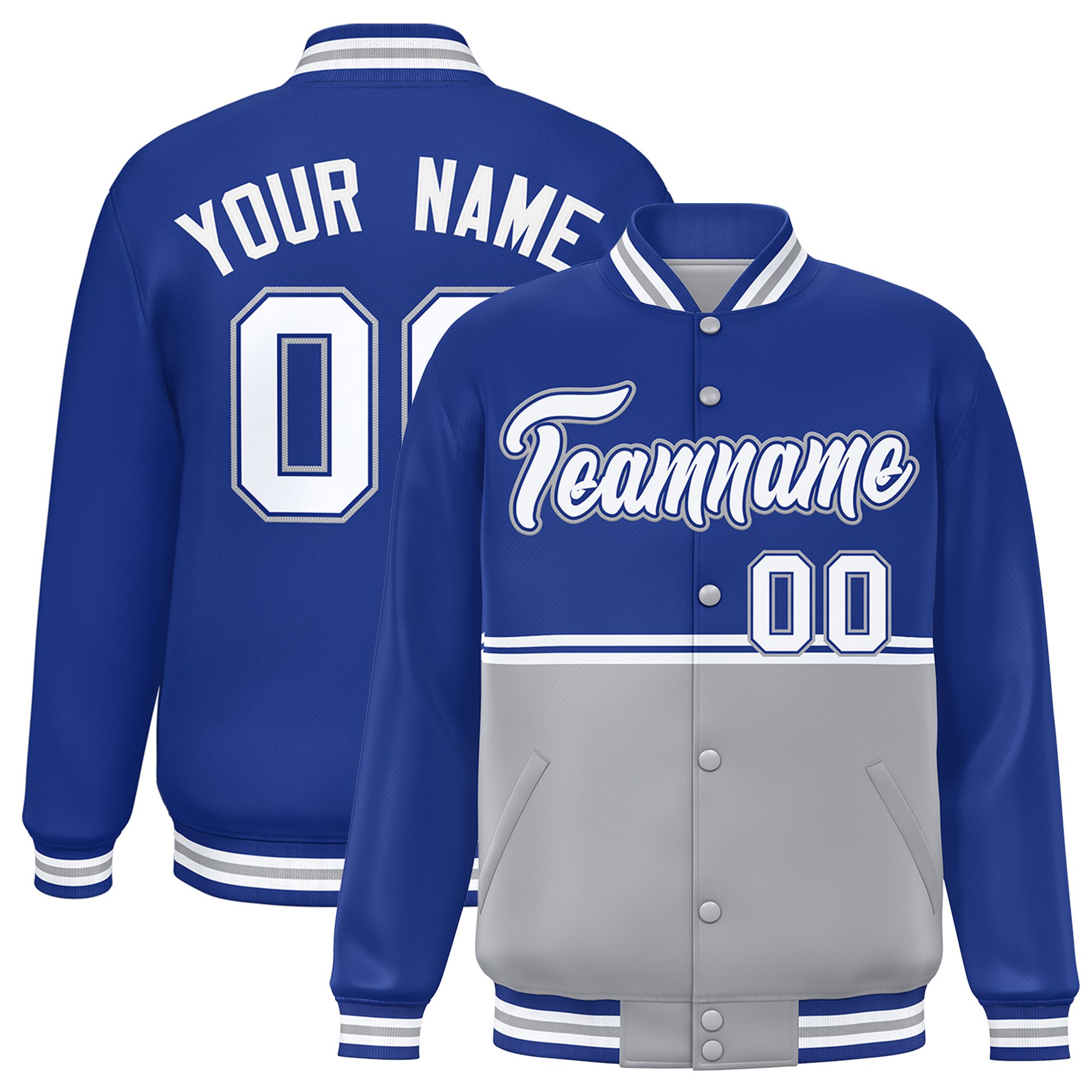 Custom Royal Gray Varsity Full-Snap Color Block Letterman Jacket