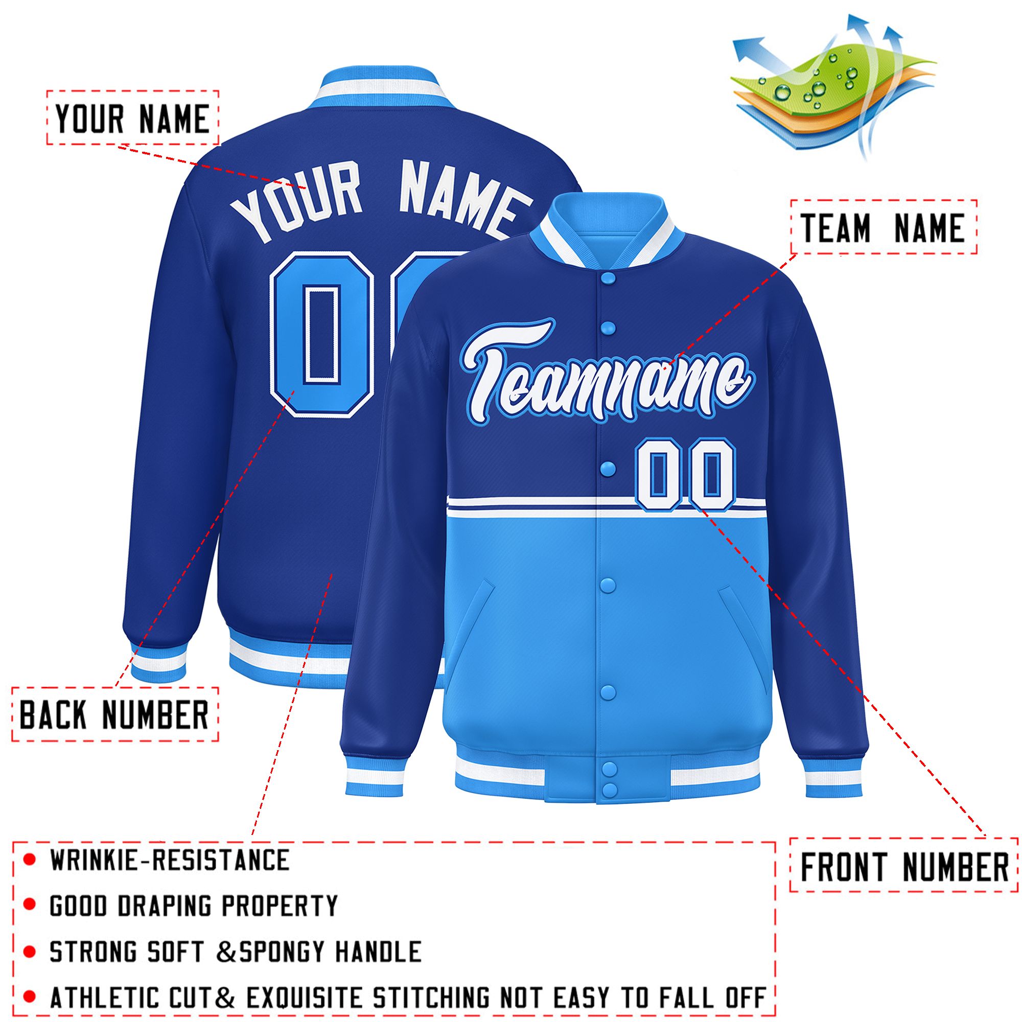 Custom Royal Powder Blue Varsity Full-Snap Color Block Letterman Jacket