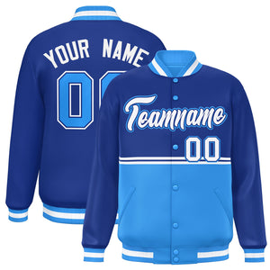 Custom Royal Powder Blue Varsity Full-Snap Color Block Letterman Jacket