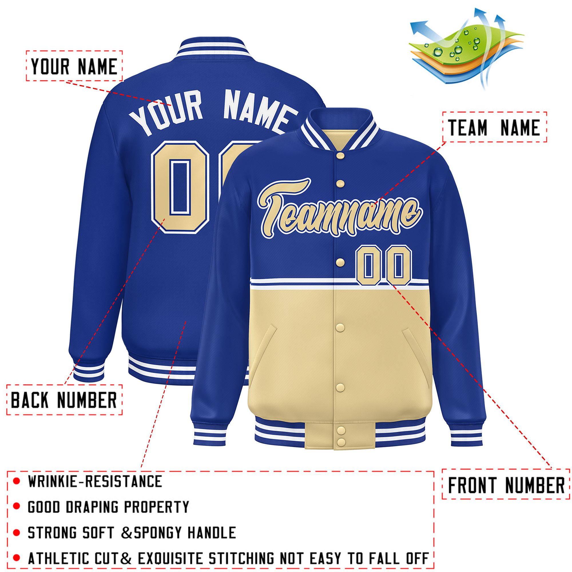 Custom Royal Khaki Varsity Full-Snap Color Block Letterman Jacket