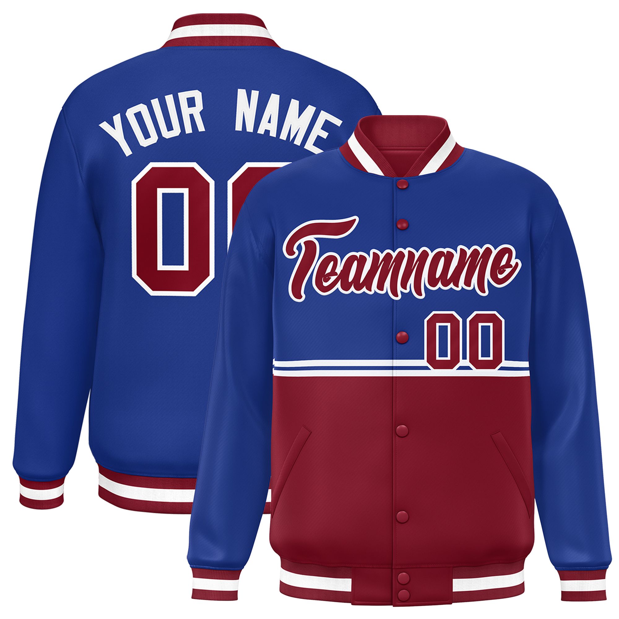 Custom Royal Crimson Varsity Full-Snap Color Block Letterman Jacket