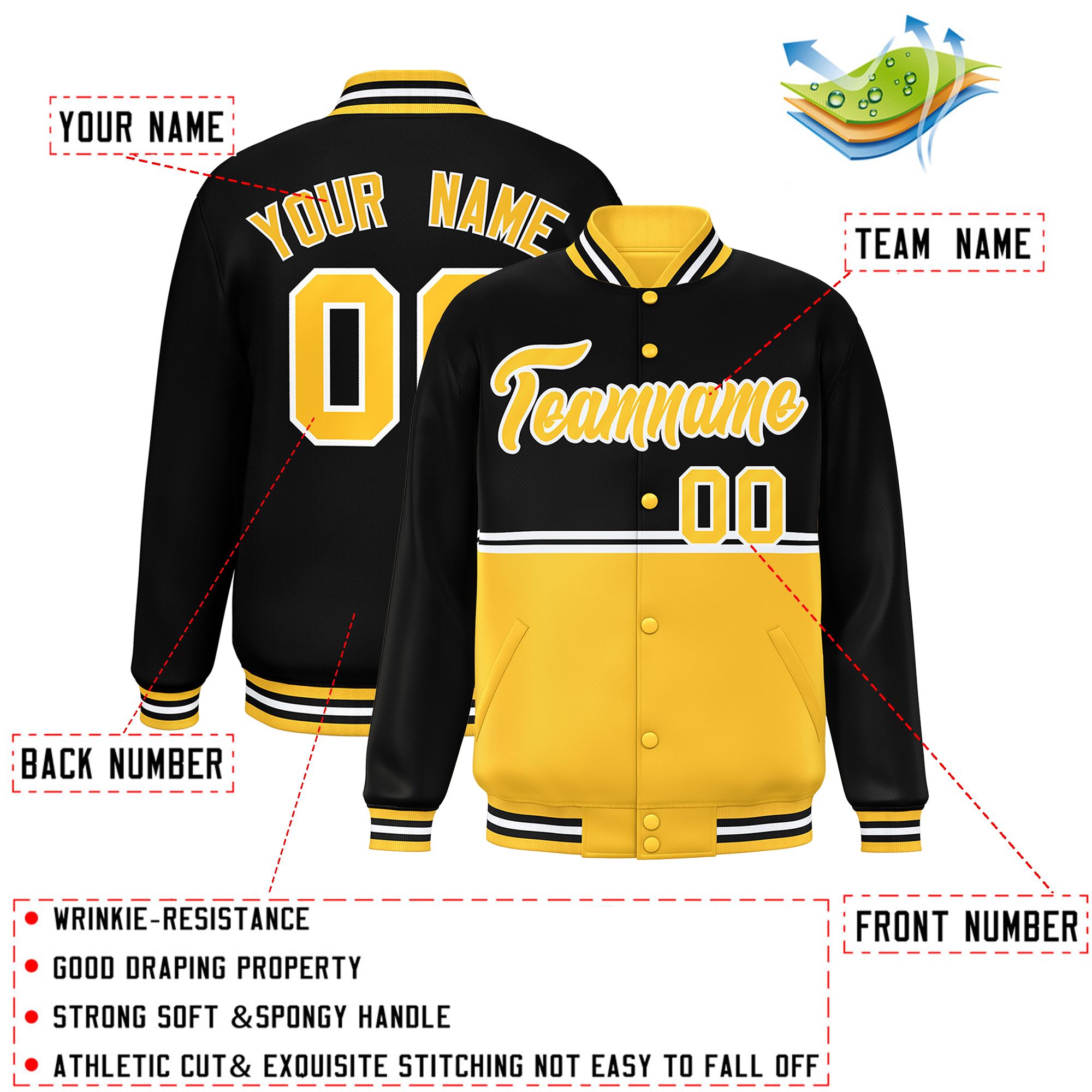 Custom Black Gold Varsity Full-Snap Color Block Letterman Jacket