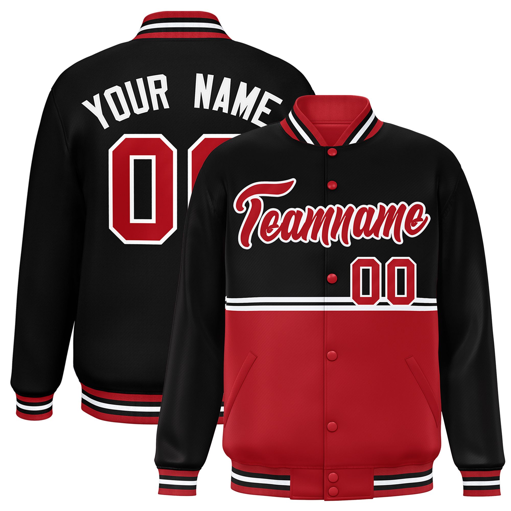 Custom Black Red Varsity Full-Snap Color Block Letterman Jacket