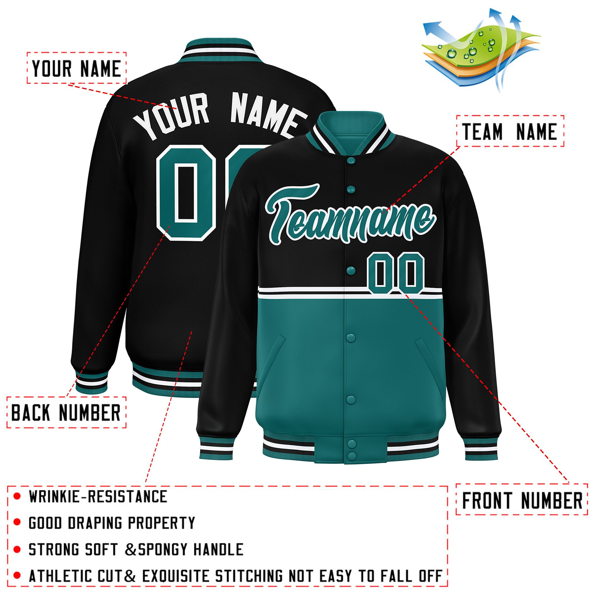 Custom Black Aqua Varsity Full-Snap Color Block Letterman Jacket