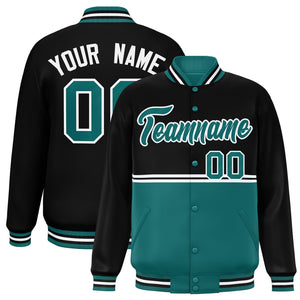 Custom Black Aqua Varsity Full-Snap Color Block Letterman Jacket